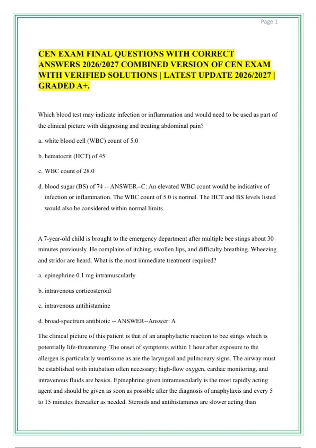 CEN EXAM FINAL QUESTIONS WITH CORRECT ANSWERS 2026/2027 COMBINED ...