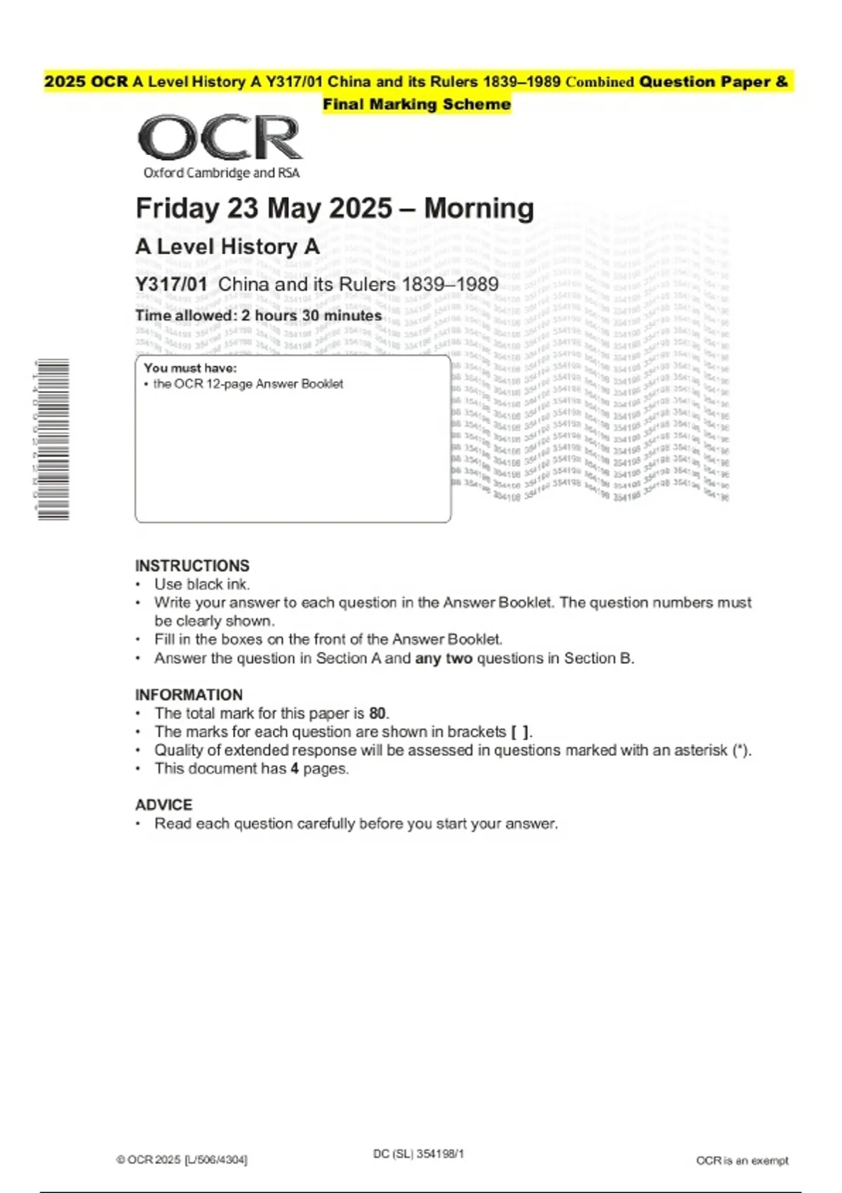 2025 OCR A Level History A Y317/01 China and its Rulers 1839–1989 ...