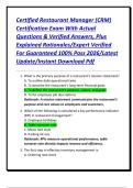 Certified Restaurant Manager &lpar;CRM&rpar; Certification Exam With Actual Questions & Verified Answers&comma; Plus Explained Rationales&sol;Expert Verified For Guaranteed 100&percnt; Pass 2026&sol;Latest Update&sol;Instant Download Pdf
