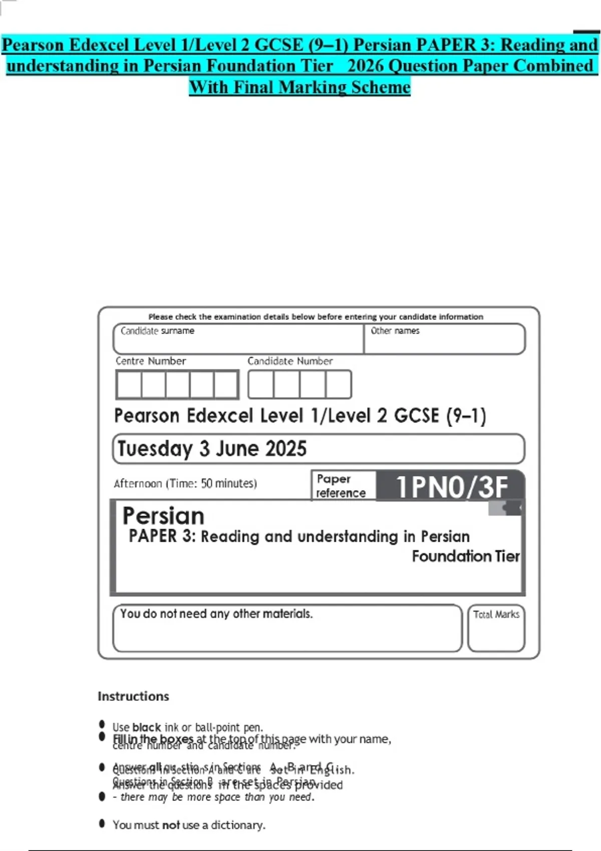 Pearson Note Paper Pearson Edexcel Level 1/Level 2 GCSE (9–1) Persian PAPER 3: Reading and ...