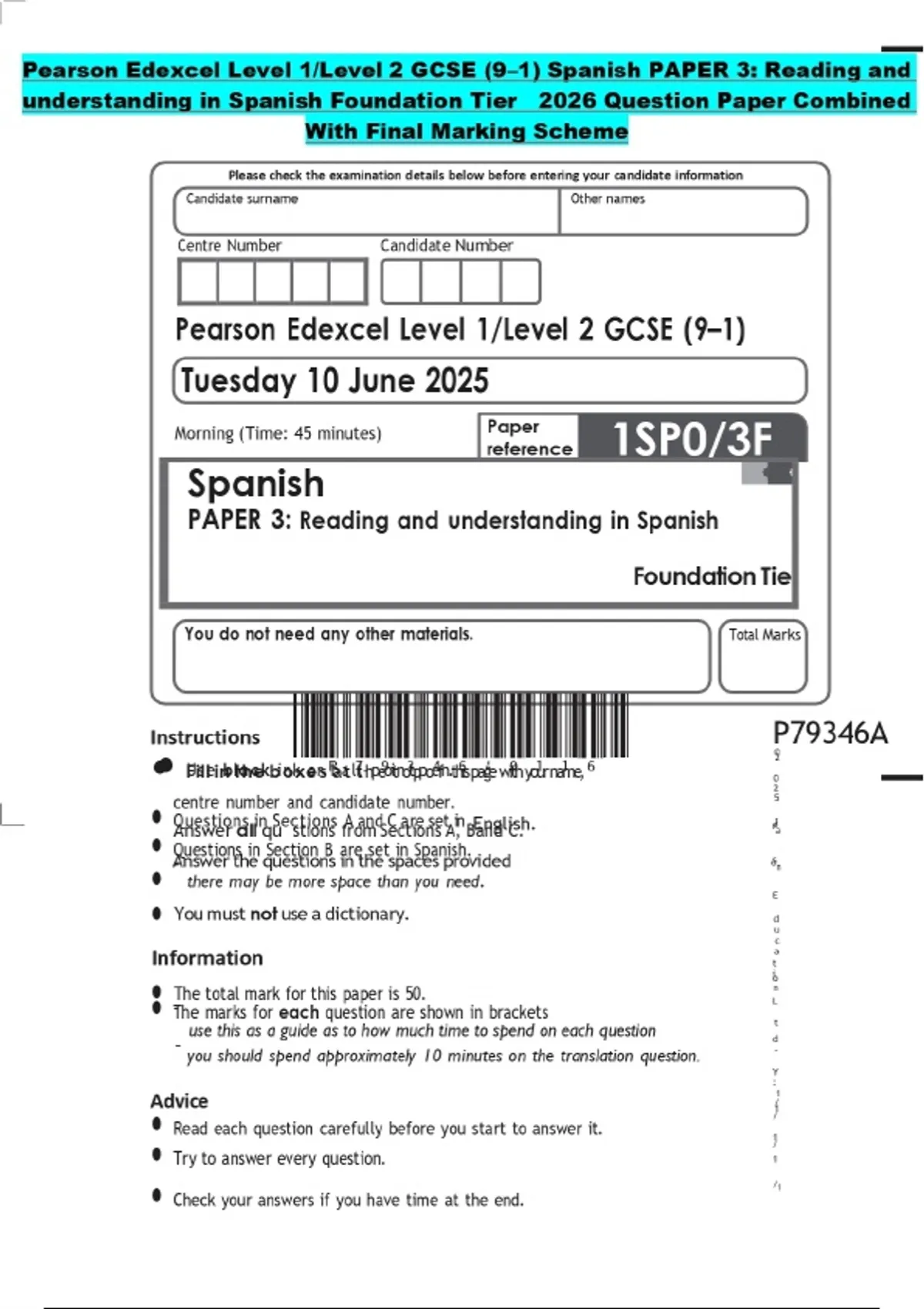 Pearson Spanish Questions Module Pearson Edexcel Level 1/Level 2 GCSE (9–1) Spanish PAPER 3: Reading and ...