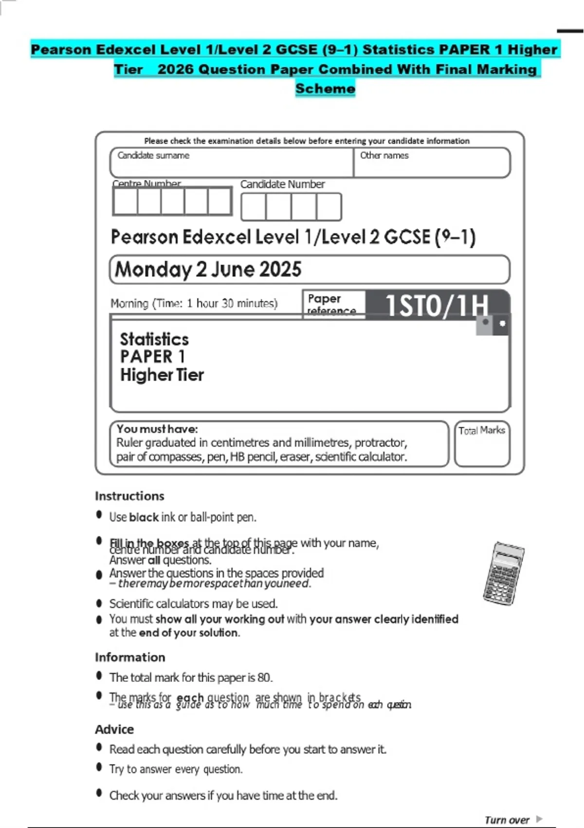 Pearson Edexcel Level 1/Level 2 GCSE (9–1) Statistics PAPER 1 Higher ...