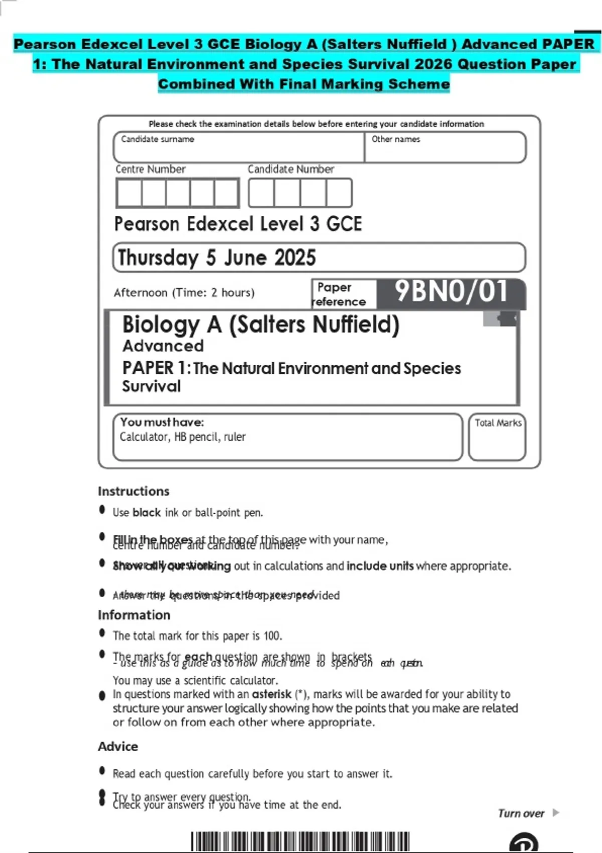 Pearson Edexcel Level 3 GCE Biology A (Salters Nuffield ) Advanced ...
