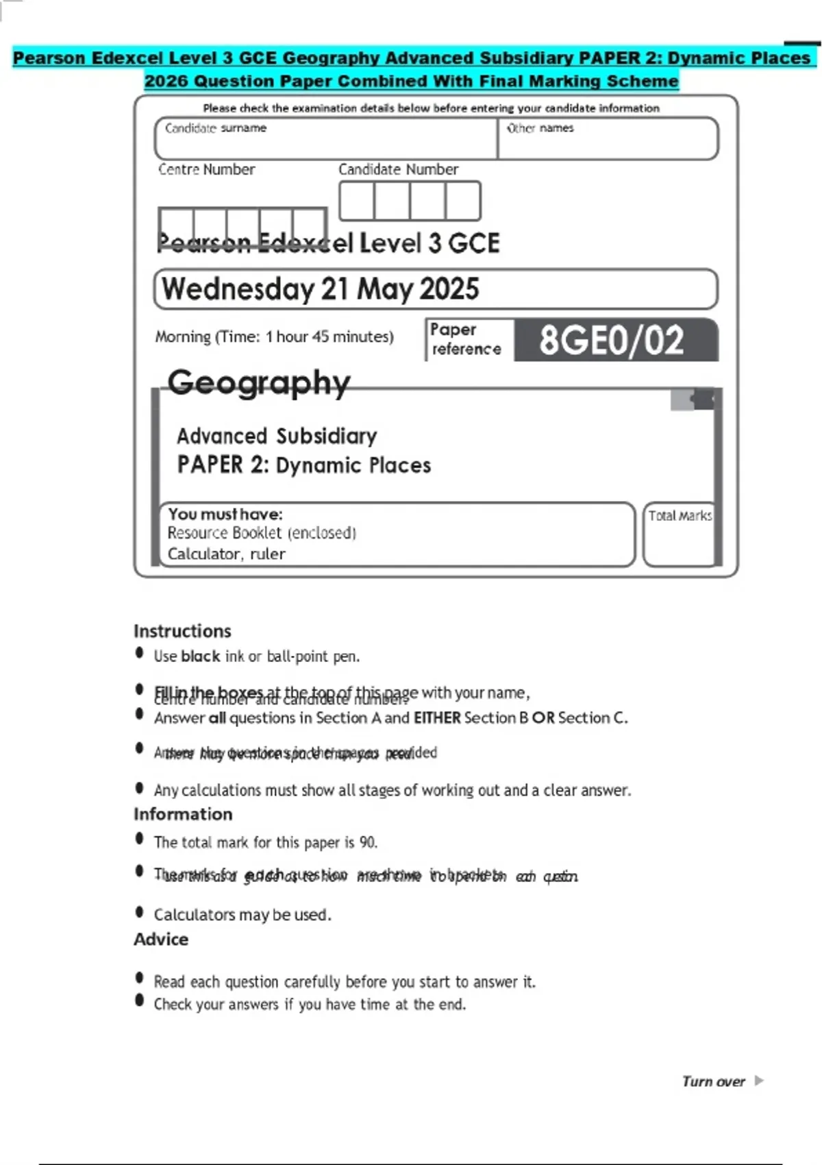 Pearson Edexcel Level 3 GCE Geography Advanced Subsidiary PAPER 2 ...