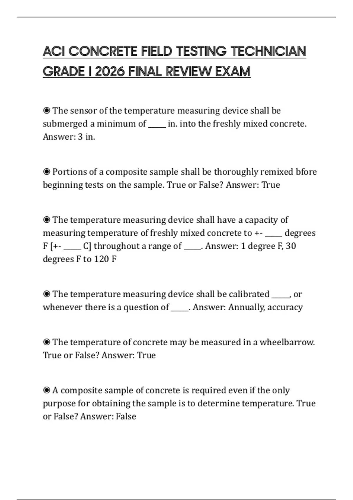 ACI CONCRETE FIELD TESTING TECHNICIAN GRADE I 2026 FINAL REVIEW EXAM ...