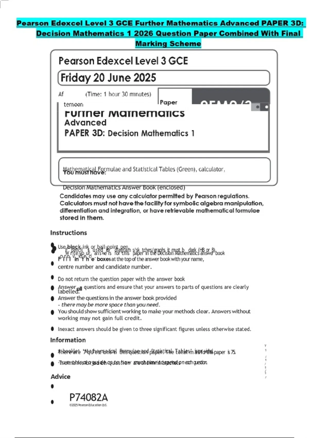 Pearson Edexcel Level 3 GCE Further Mathematics Advanced PAPER 3D ...