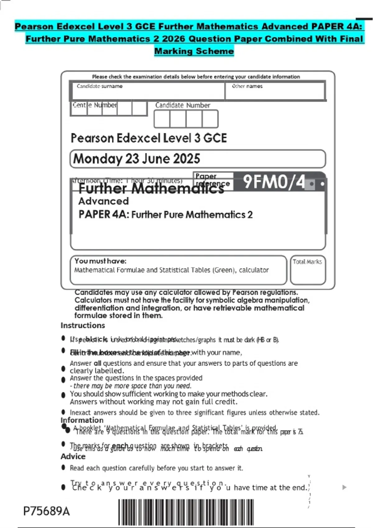 Pearson Edexcel Level 3 GCE Further Mathematics Advanced PAPER 4A ...