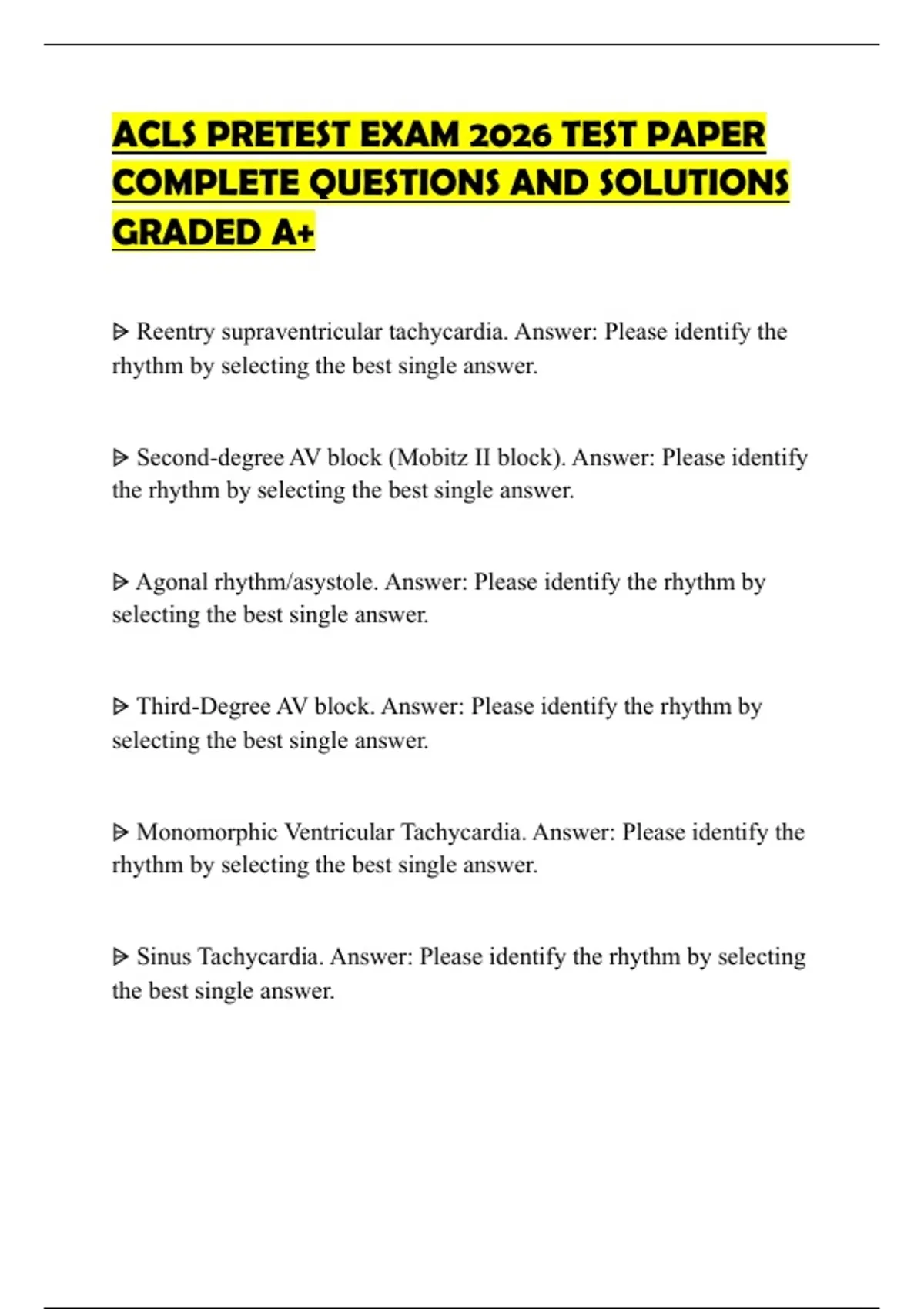 ACLS PRETEST EXAM 2026 TEST PAPER COMPLETE QUESTIONS AND SOLUTIONS ...