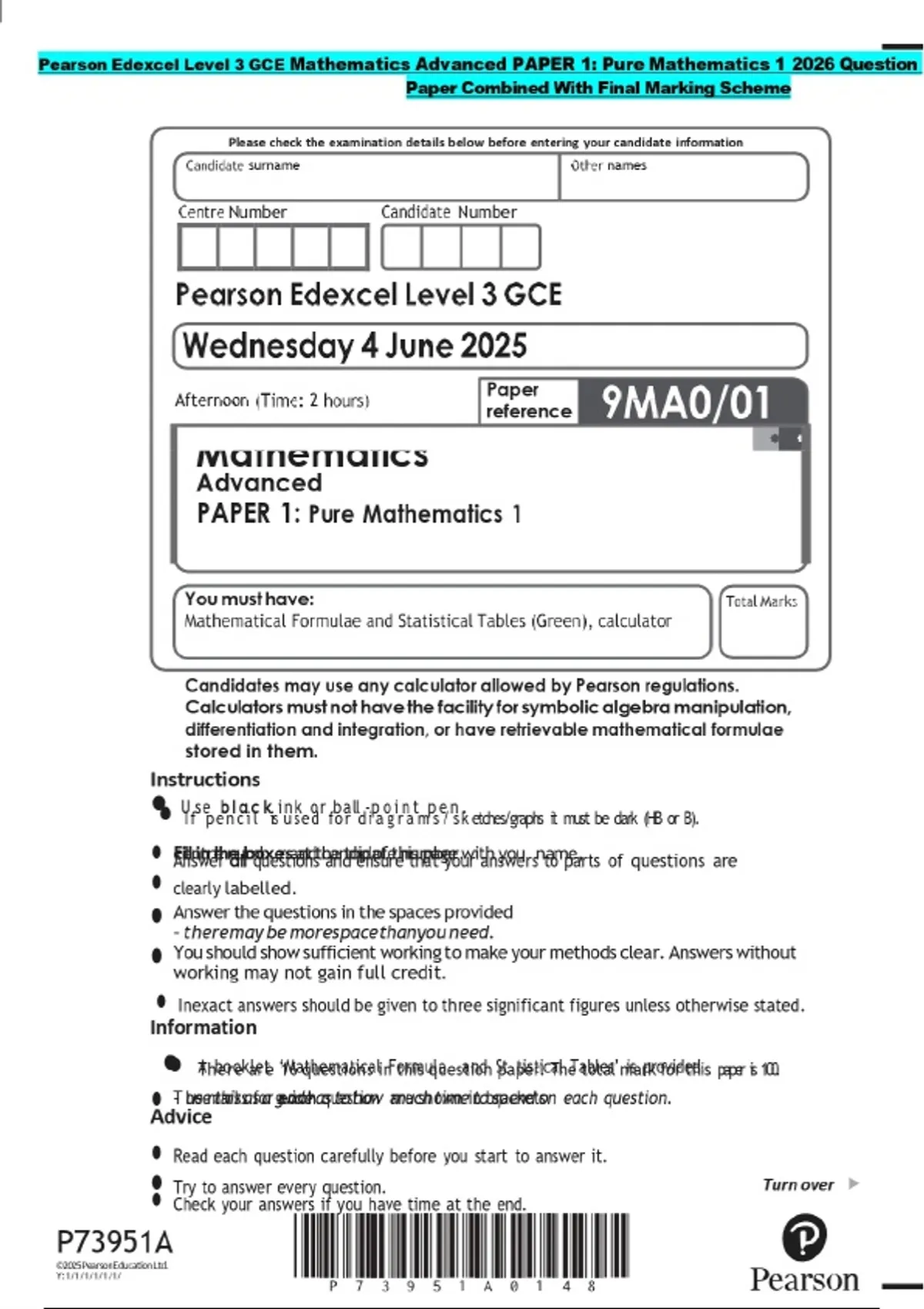 Pearson Edexcel Level 3 GCE Mathematics Advanced PAPER 1: Pure ...