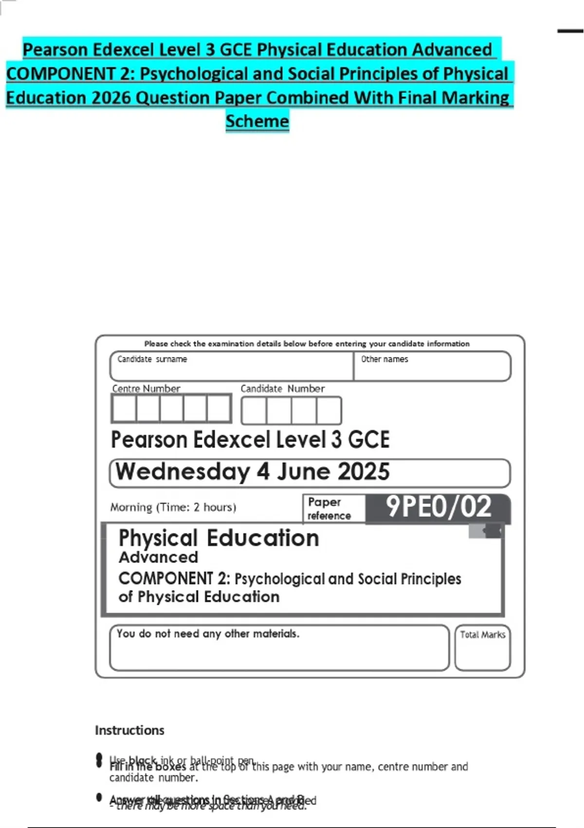 Pearson Edexcel Level 3 GCE Physical Education Advanced COMPONENT 2 ...