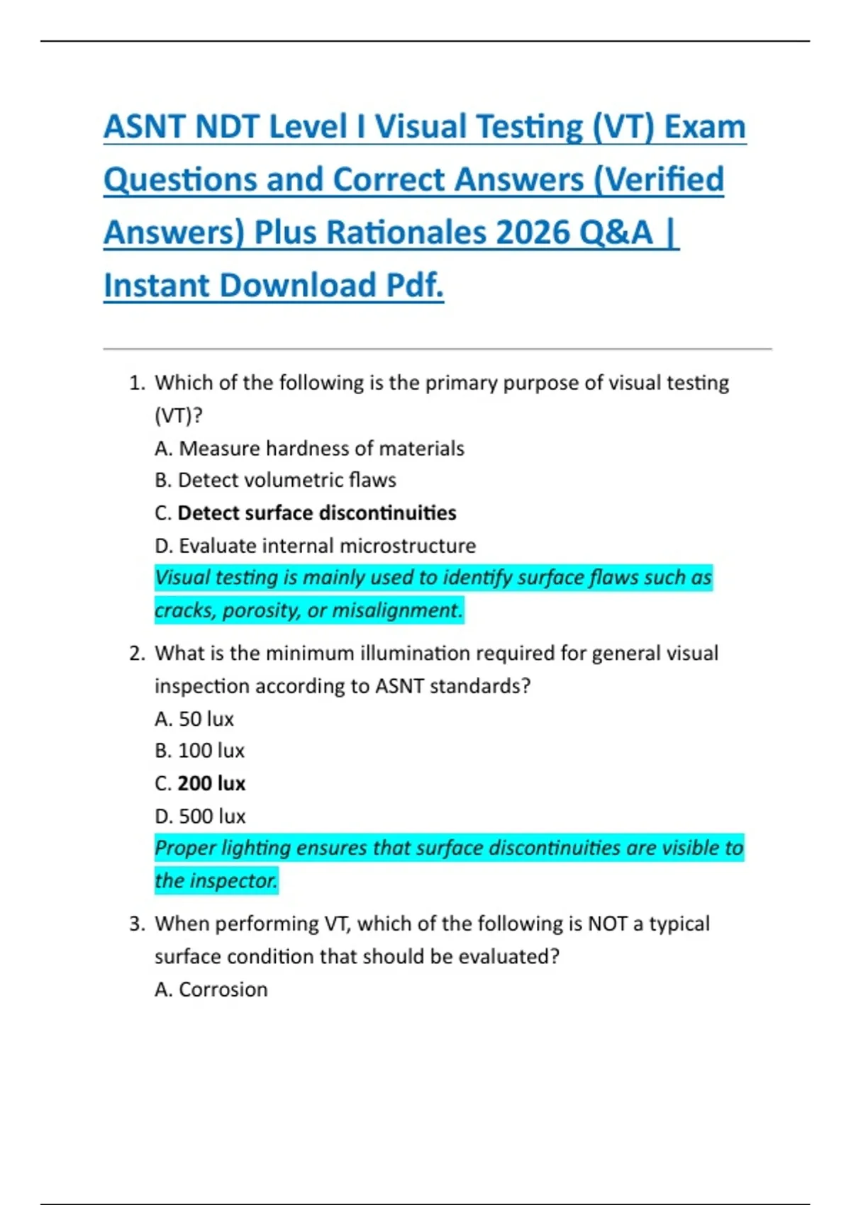 Visual Testing Vt Ndt ASNT NDT Level I Visual Testing (VT) Exam Questions and Correct Answers ...