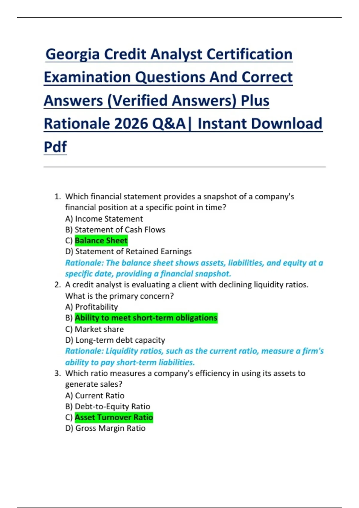 Georgia Credit Analyst Certification Examination Questions And Correct ...