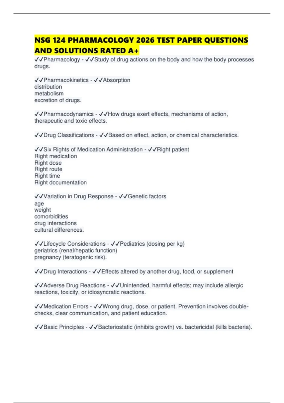 NSG 124 PHARMACOLOGY 2026 TEST PAPER QUESTIONS AND SOLUTIONS RATED A+ ...