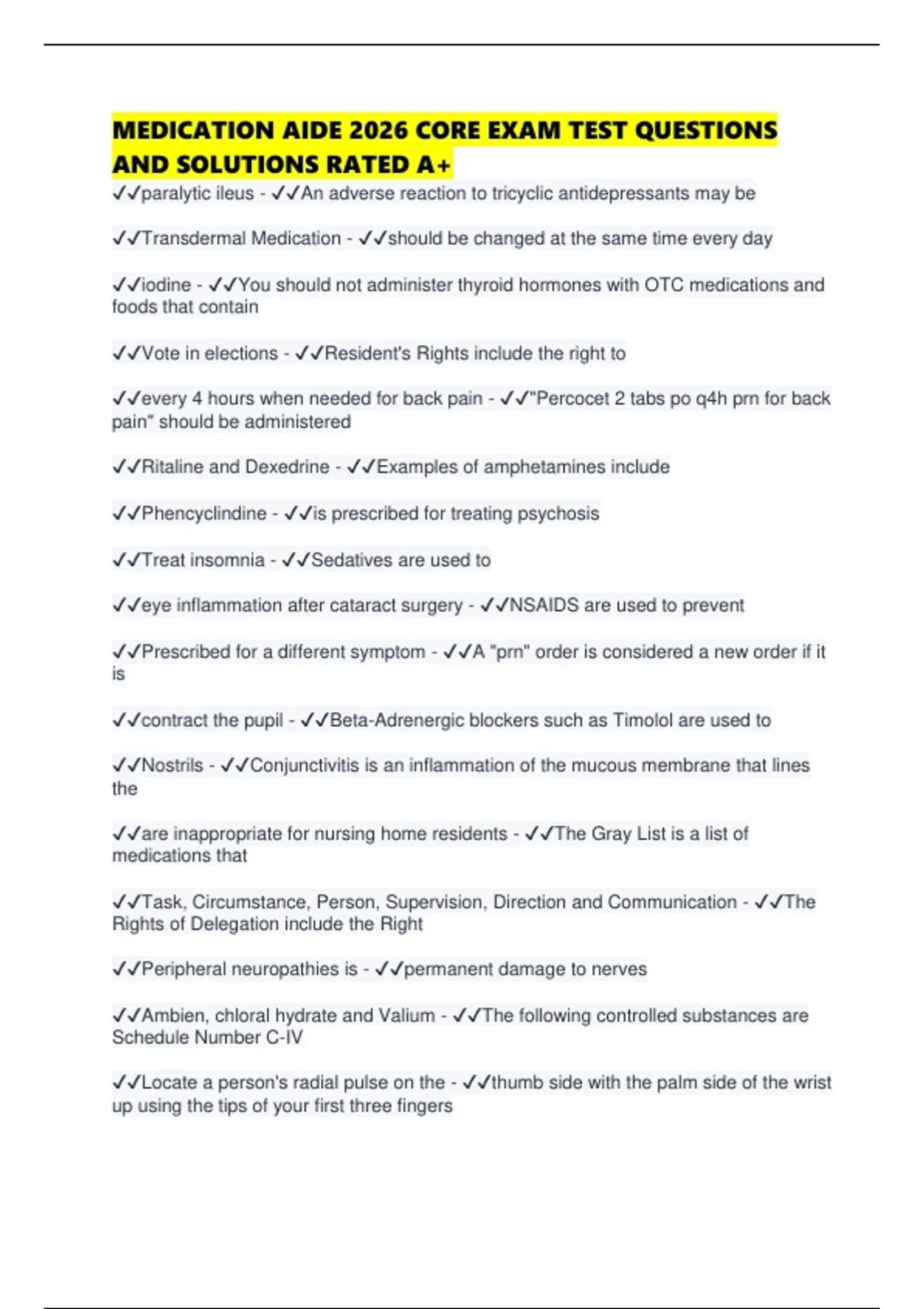 MEDICATION AIDE 2026 CORE EXAM TEST QUESTIONS AND SOLUTIONS RATED A+ ...