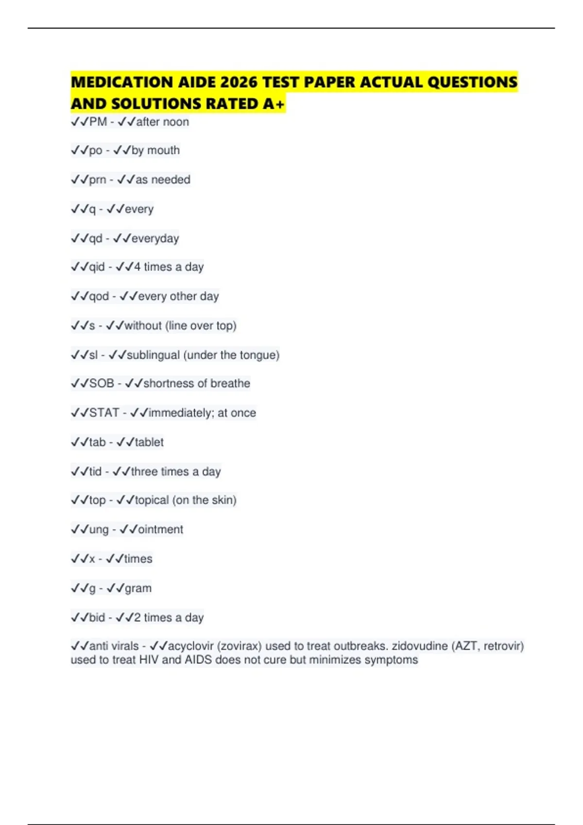 MEDICATION AIDE 2026 TEST PAPER ACTUAL QUESTIONS AND SOLUTIONS RATED A+ ...