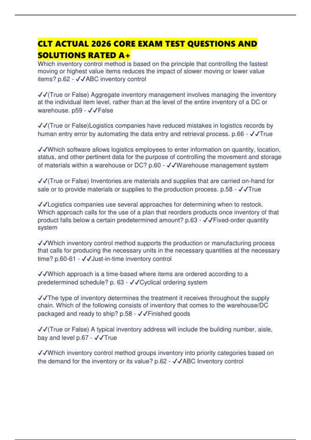 CLT ACTUAL 2026 CORE EXAM TEST QUESTIONS AND SOLUTIONS RATED A+ - CLT ...