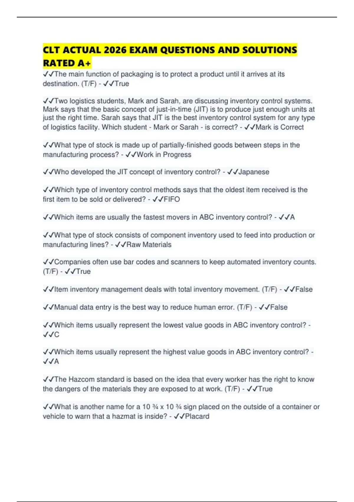 CLT ACTUAL 2026 EXAM QUESTIONS AND SOLUTIONS RATED A+ - CLT - Stuvia US