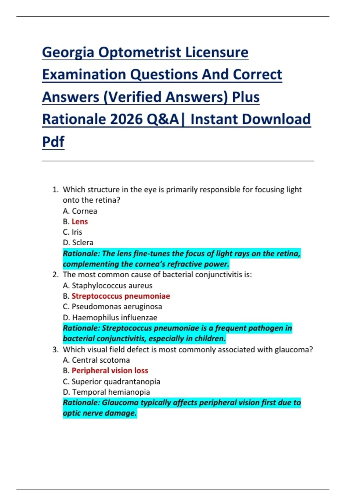 Optometry Related Questions Georgia Optometrist Licensure Examination Questions And Correct Answers ...