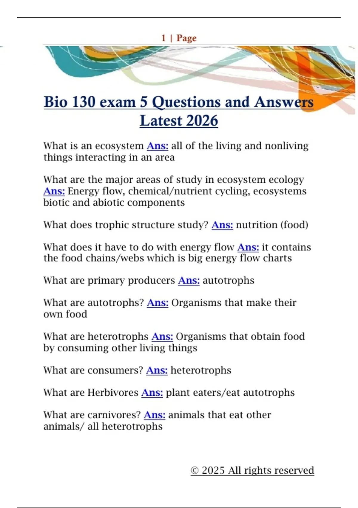Bio 130 exam 5 Questions and Answers Latest 2026 - Bio 130 - Stuvia US