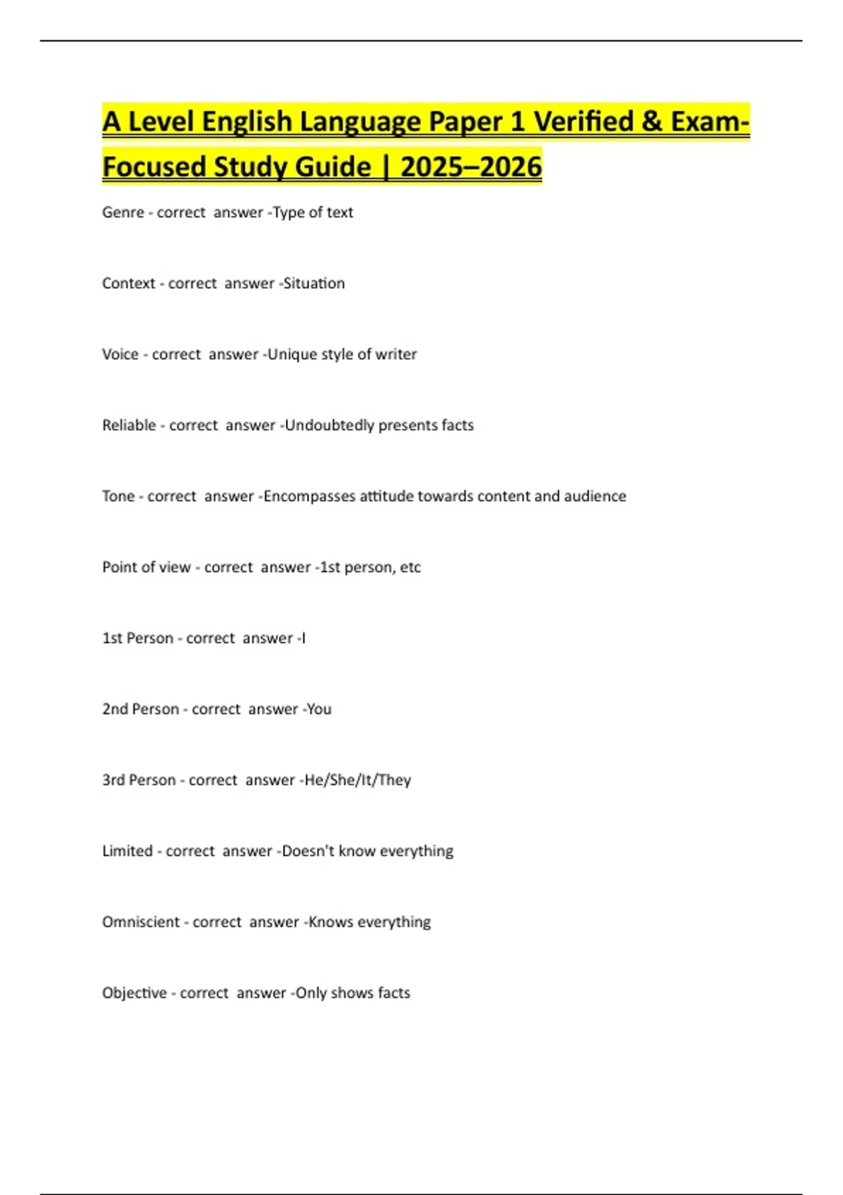 A Level English Language Paper 1 Verified & Exam-Focused Study Guide ...