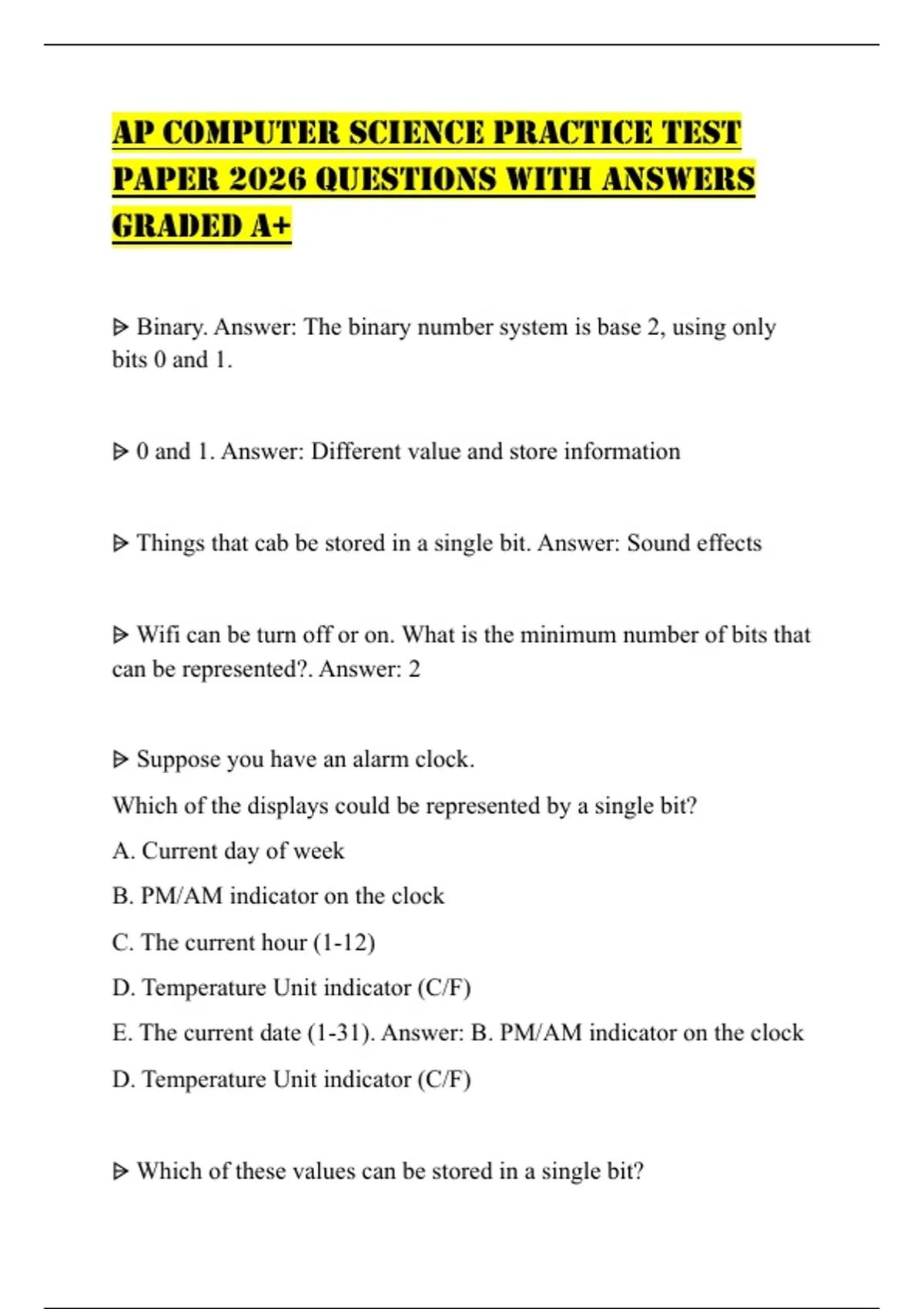 AP COMPUTER SCIENCE PRACTICE TEST PAPER 2026 QUESTIONS WITH ANSWERS ...
