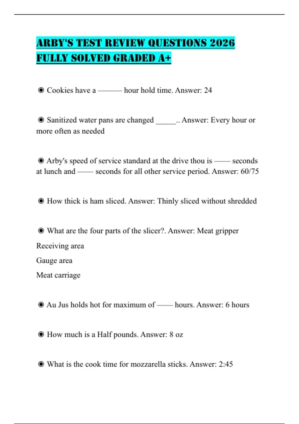ARBY'S TEST REVIEW QUESTIONS 2026 FULLY SOLVED GRADED A+ - ARBY\\\'S ...