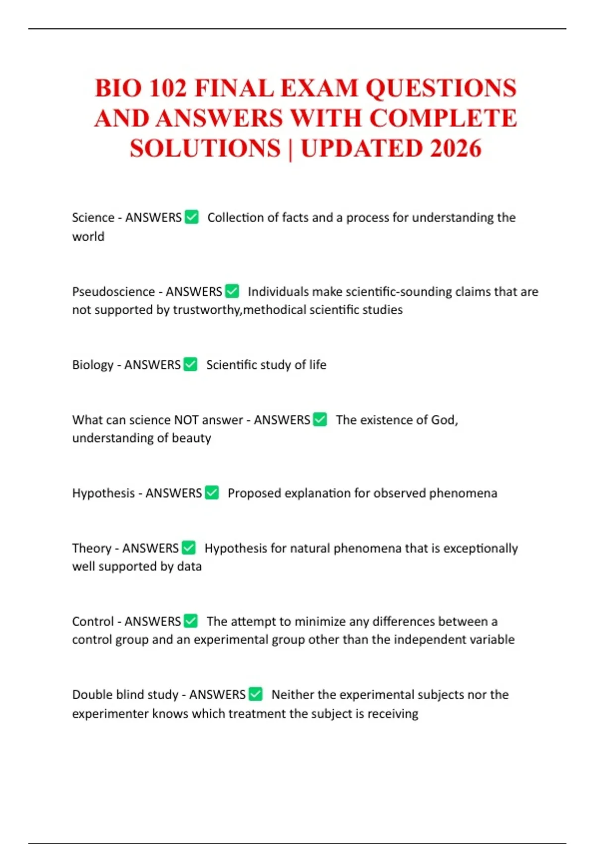 BIO 102 FINAL EXAM QUESTIONS AND ANSWERS WITH COMPLETE SOLUTIONS ...
