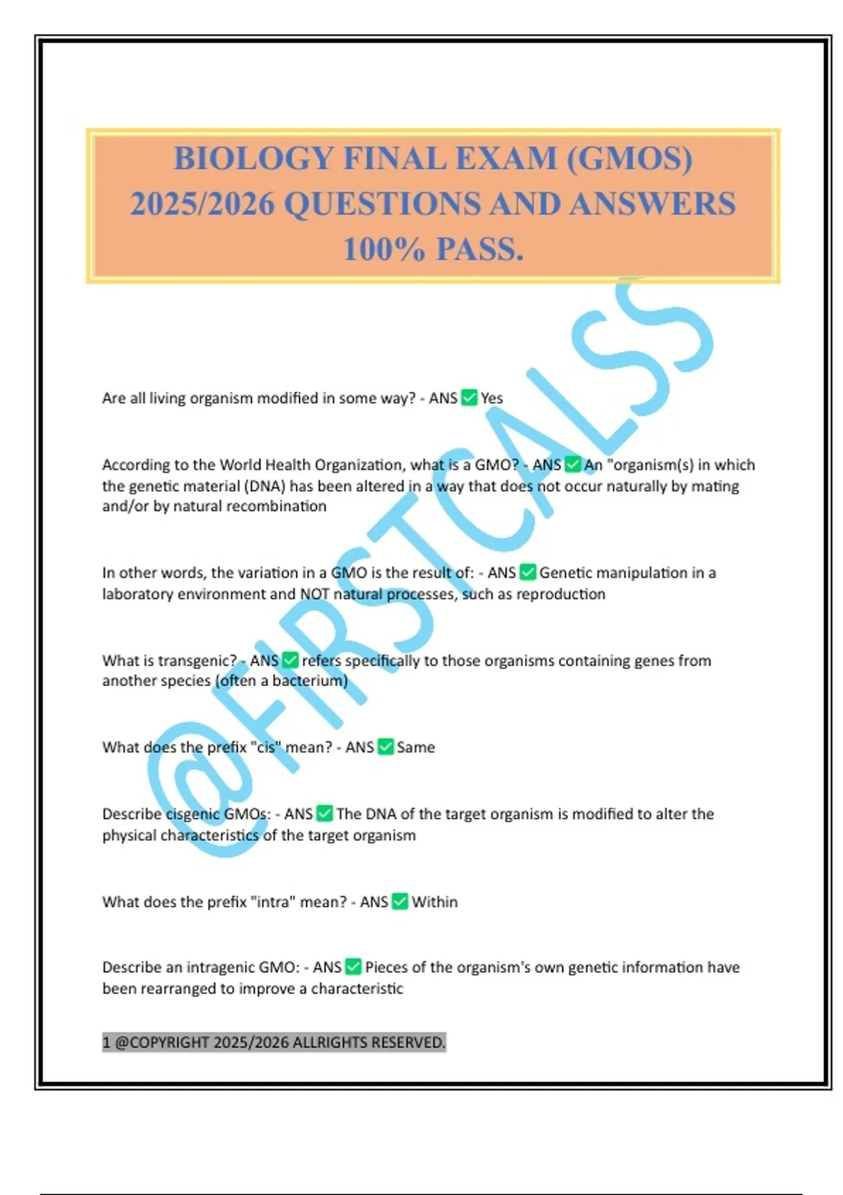 BIOLOGY FINAL EXAM (GMOS) 2025/2026 QUESTIONS AND ANSWERS 100% PASS ...