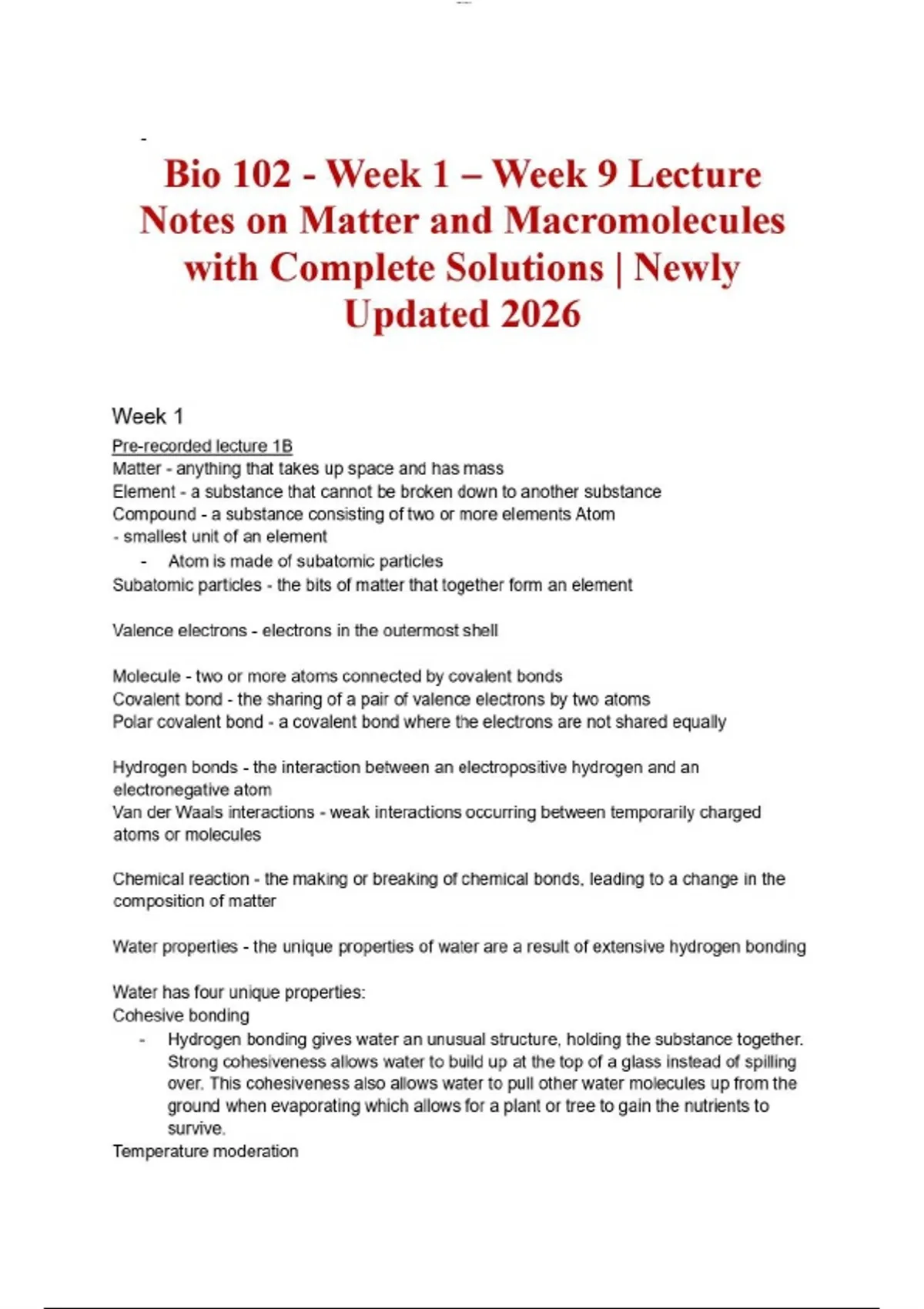 Bio 102 - Week 1 – Week 9 Lecture Notes on Matter and Macromolecules ...
