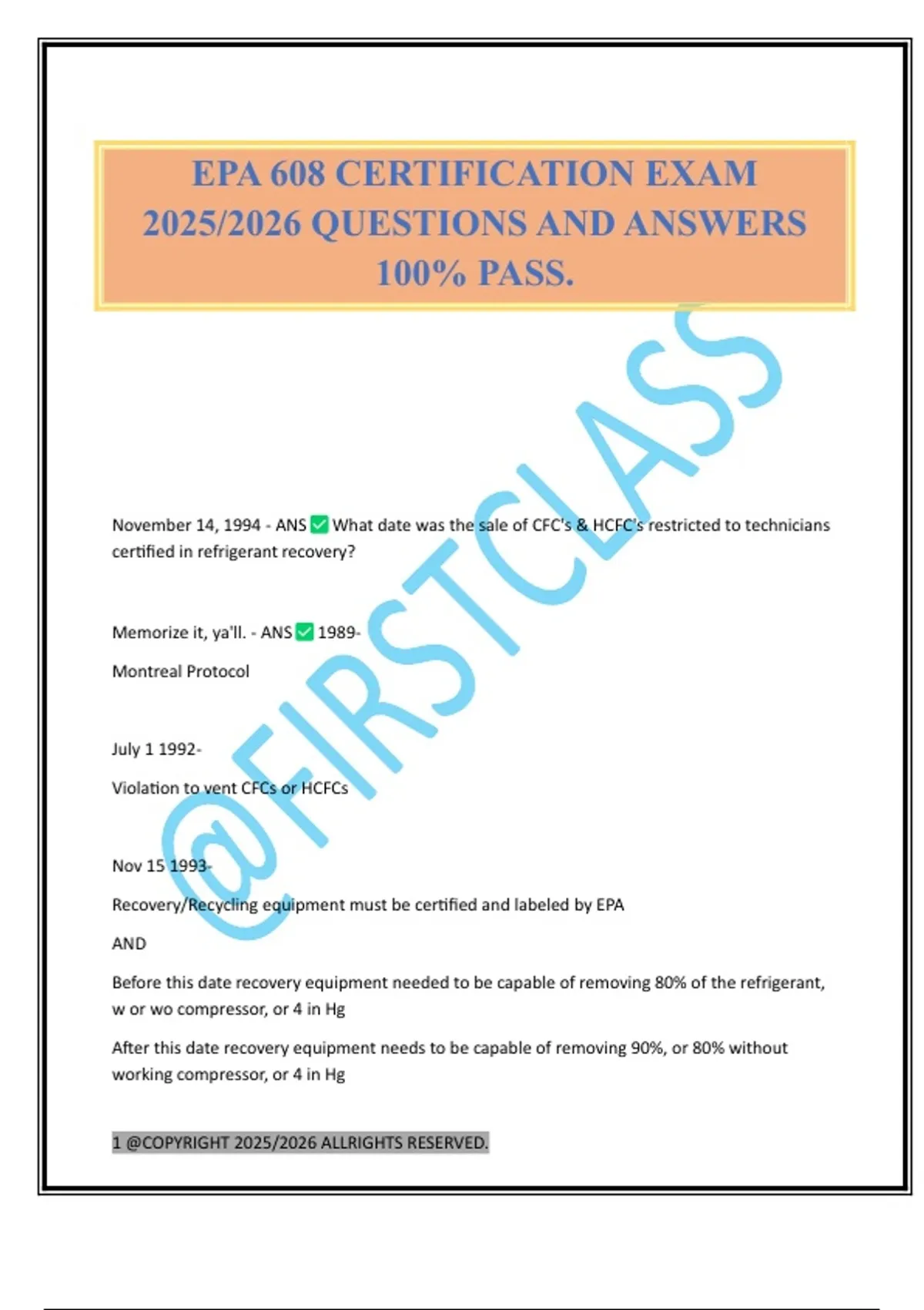 EPA 608 CERTIFICATION EXAM 2025/2026 QUESTIONS AND ANSWERS 100% PASS ...