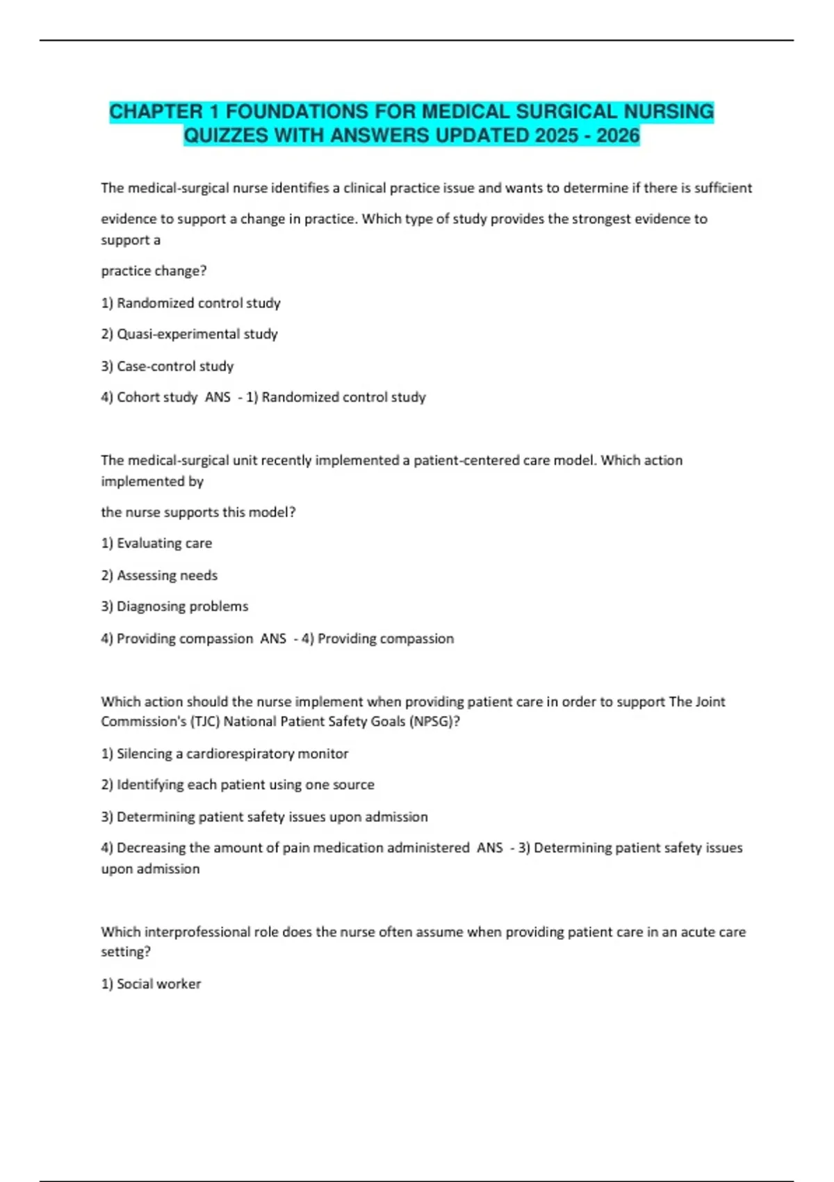 CHAPTER 1 FOUNDATIONS FOR MEDICAL SURGICAL NURSING QUIZZES WITH ANSWERS ...
