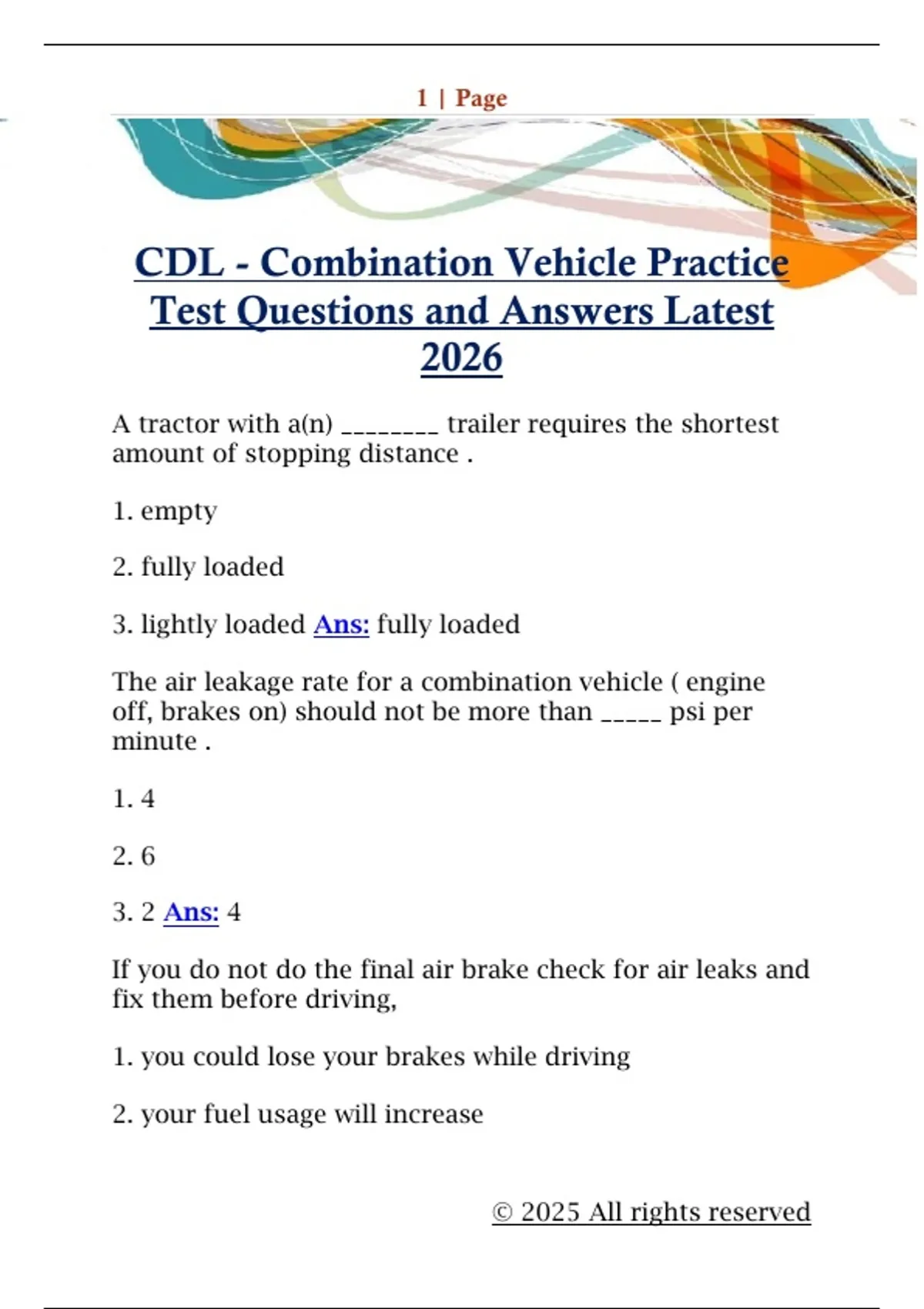 CDL - Combination Vehicle Practice Test Questions and Answers Latest ...