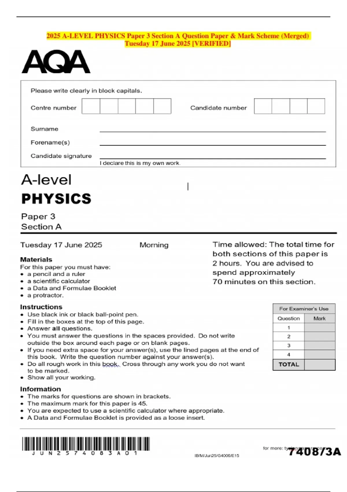 2025 A-LEVEL PHYSICS Paper 3 Section A Question Paper & Mark Scheme ...