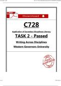 WGU C728 Task 2 Passed &lpar;2026&rpar; &ndash; Writing Across Disciplines &vert; Secondary Literacy