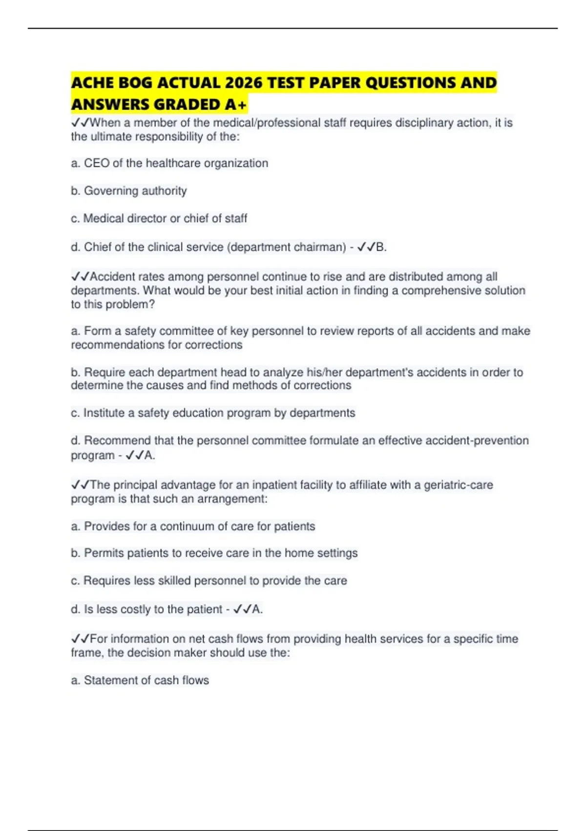 ACHE BOG ACTUAL 2026 TEST PAPER QUESTIONS AND ANSWERS GRADED A+ - ACHE ...