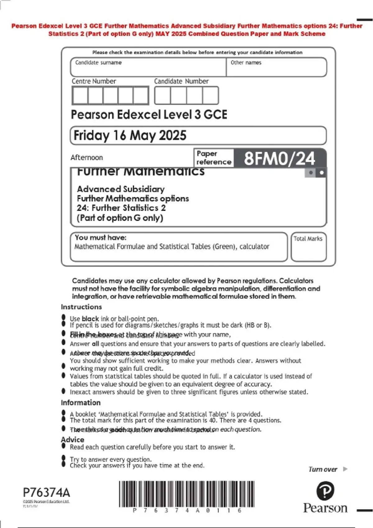 Pearson Edexcel Level 3 GCE Further Mathematics Advanced Subsidiary ...