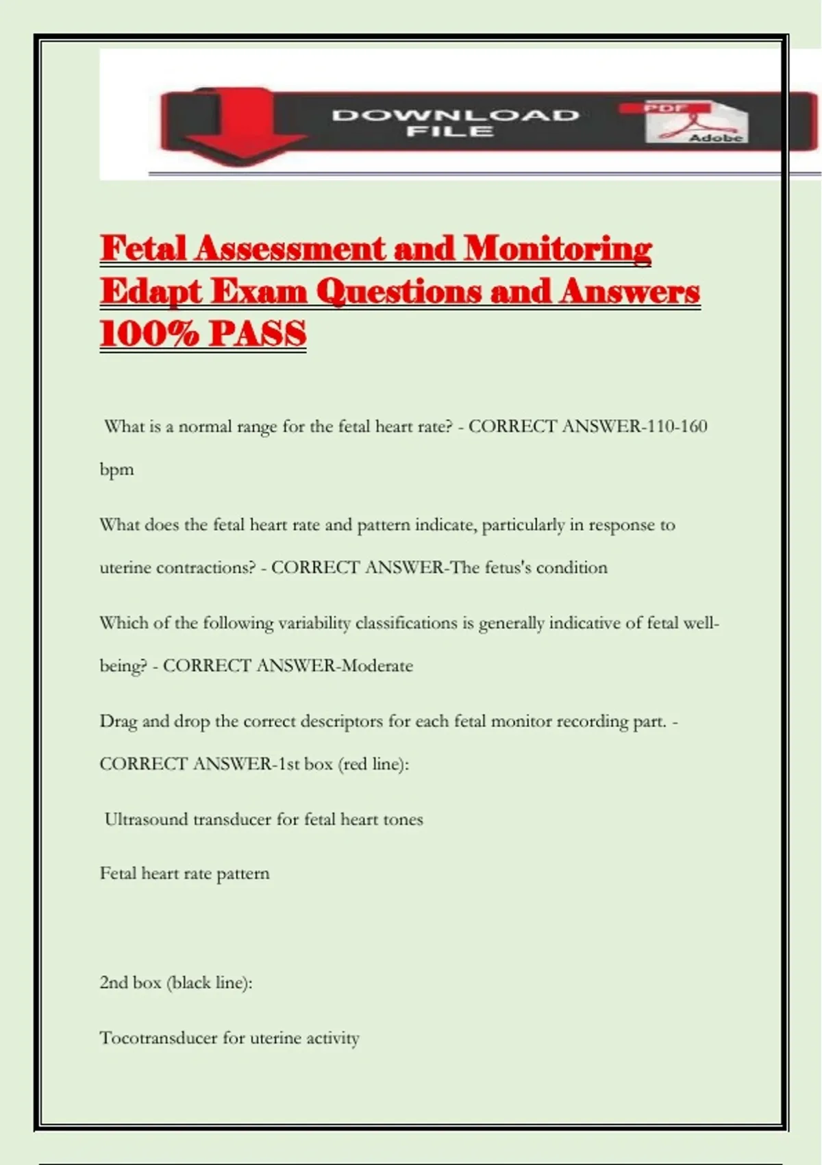 Fetal Assessment and Monitoring Edapt Exam Questions and Answers 100% ...