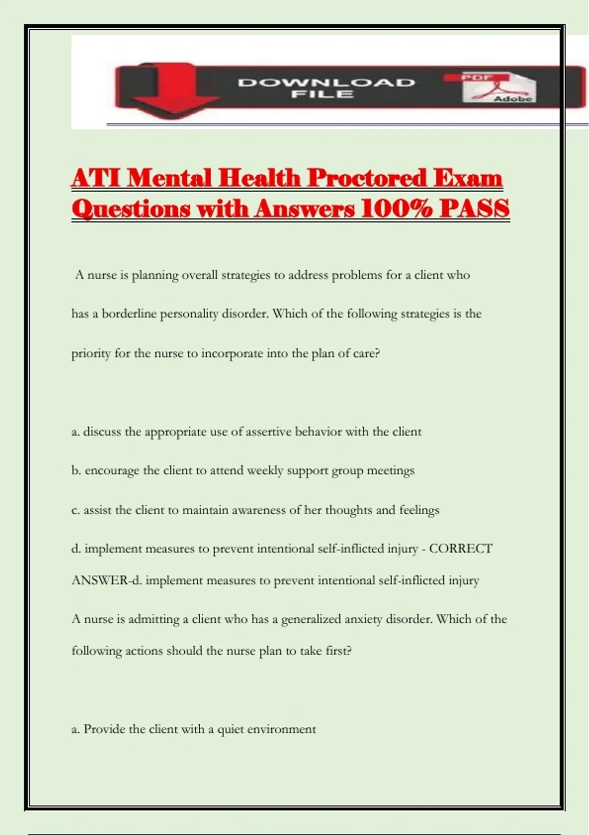 ATI Mental Health Proctored Exam Questions with Answers 100% PASS - Ati ...