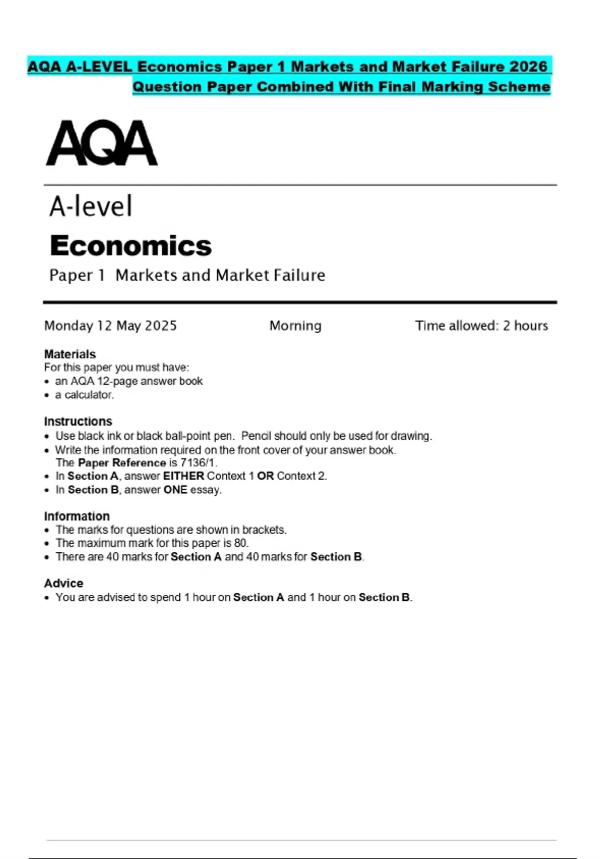 AQA A-LEVEL Economics Paper 1 Markets and Market Failure 2026 Question ...