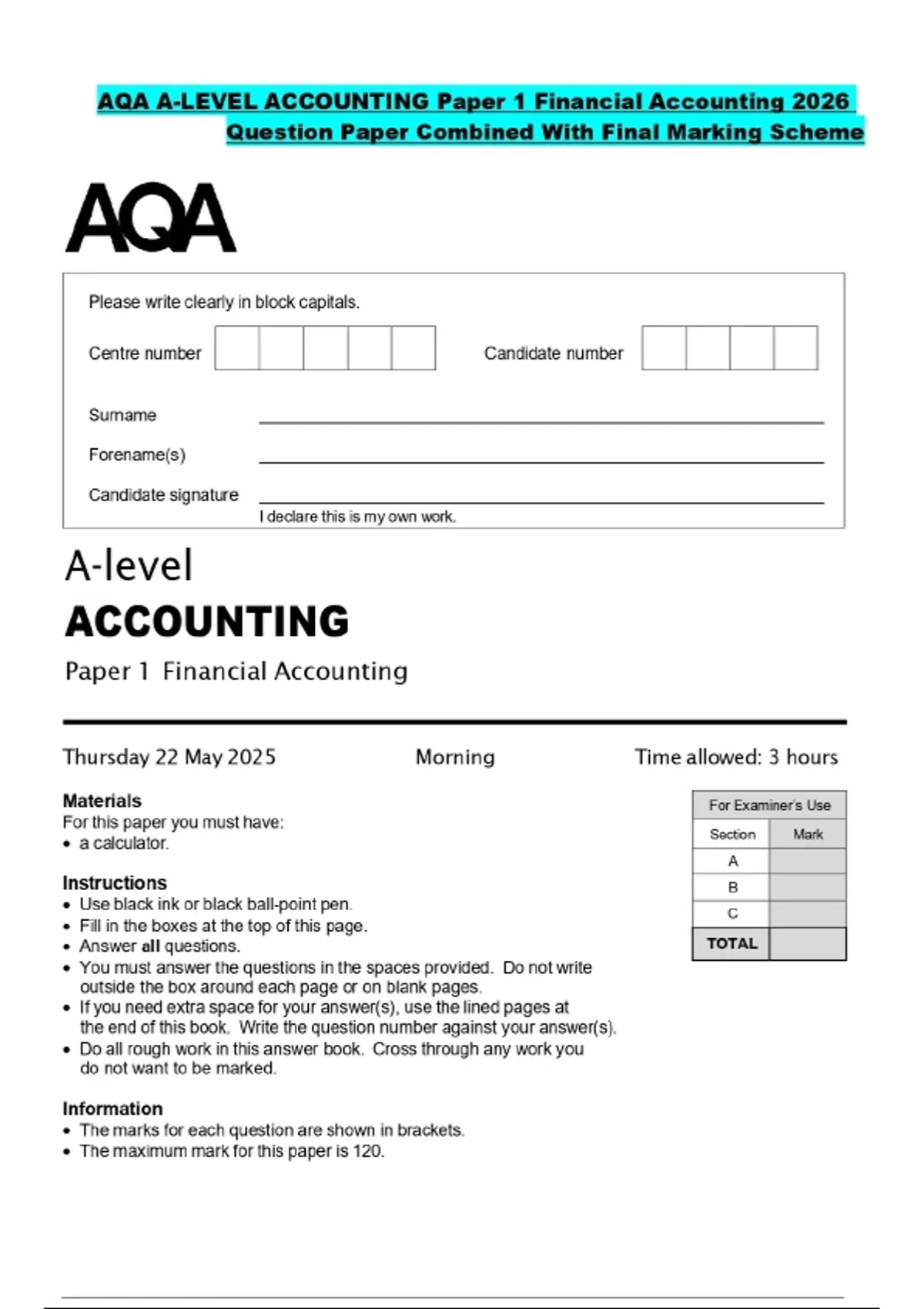 AQA A-LEVEL ACCOUNTING Paper 1 Financial Accounting 2026 Question Paper ...