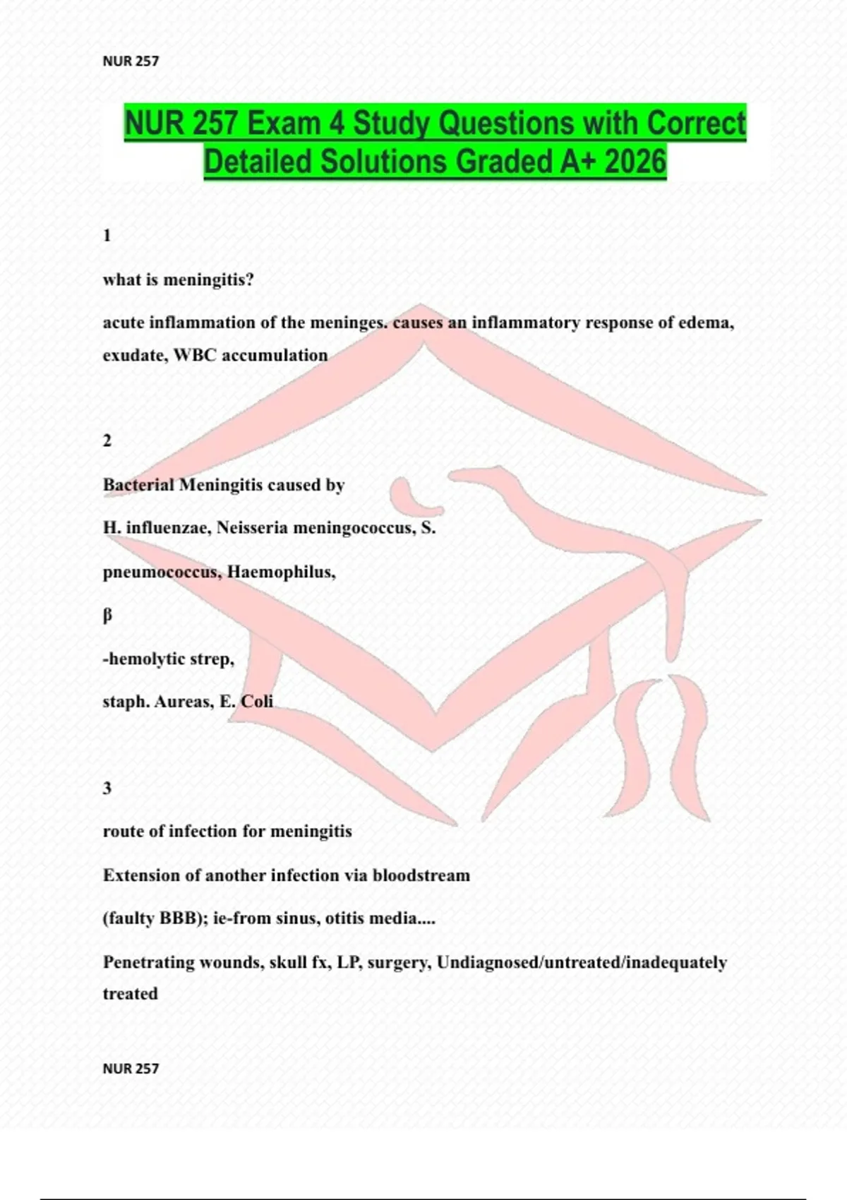NUR 257 Exam 4 Study Questions with Correct Detailed Solutions Graded ...