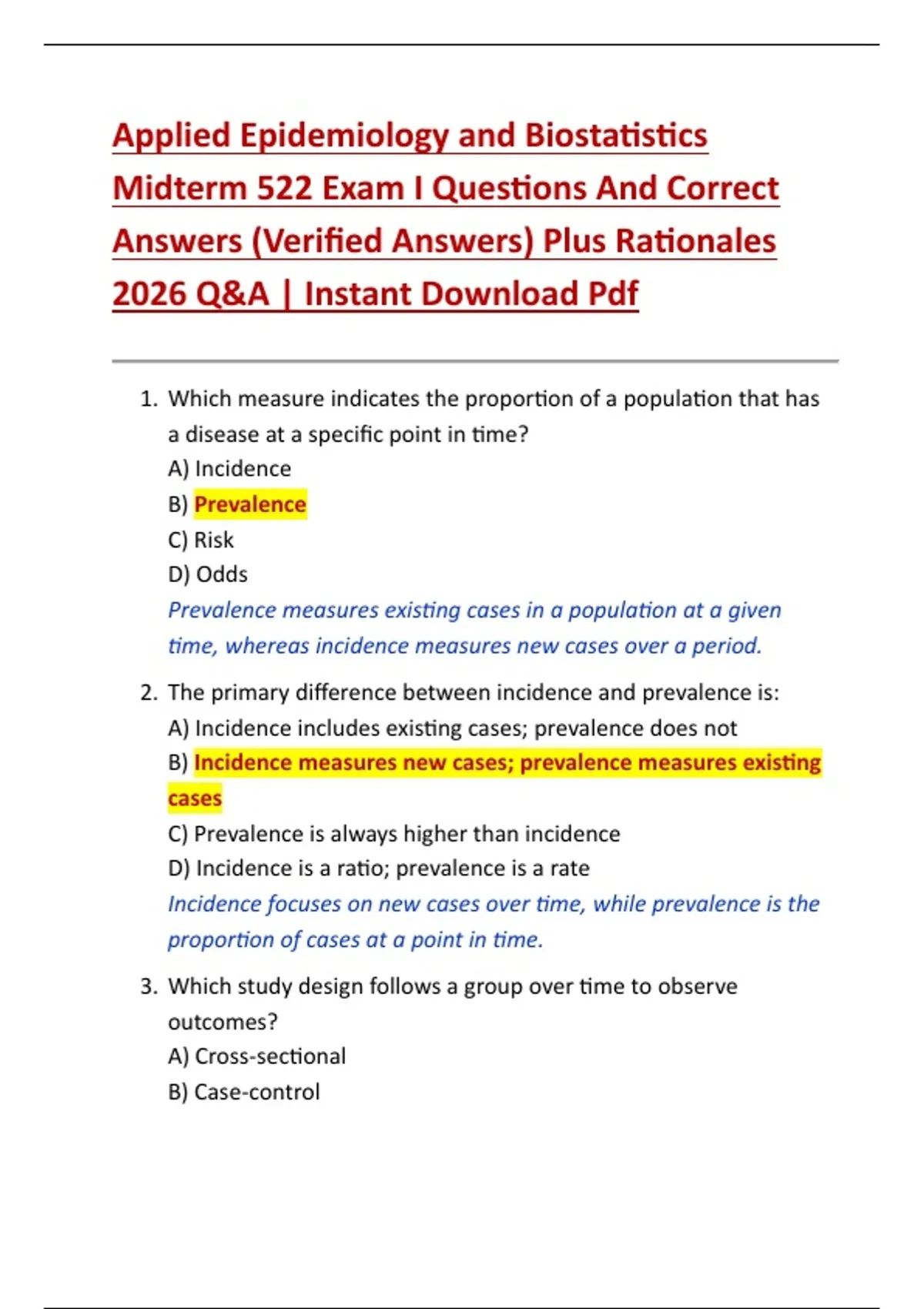Applied Epidemiology and Biostatistics Midterm 522 Exam I Questions And ...