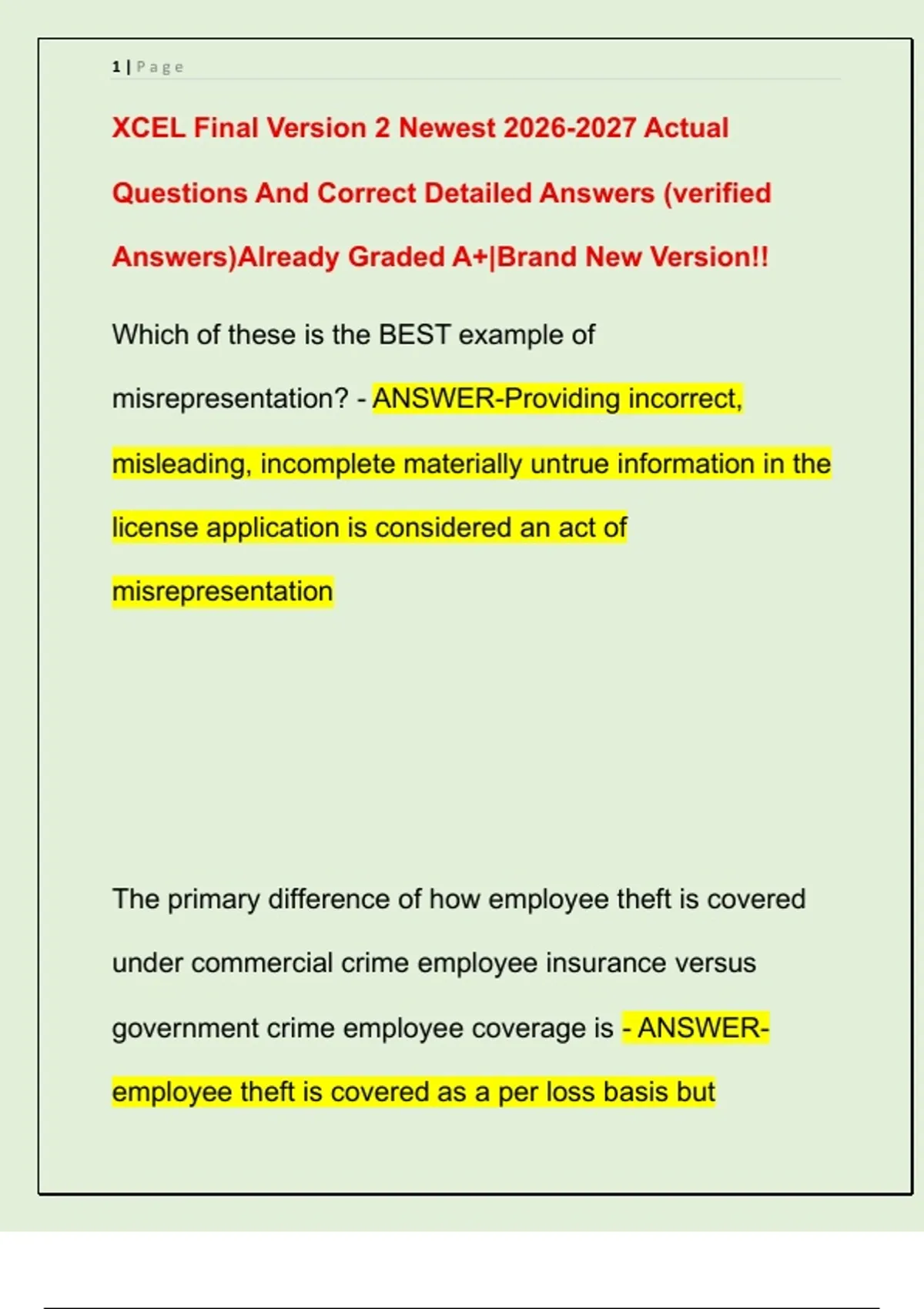 XCEL Final Version 2 Newest Actual Questions And Correct Detailed ...