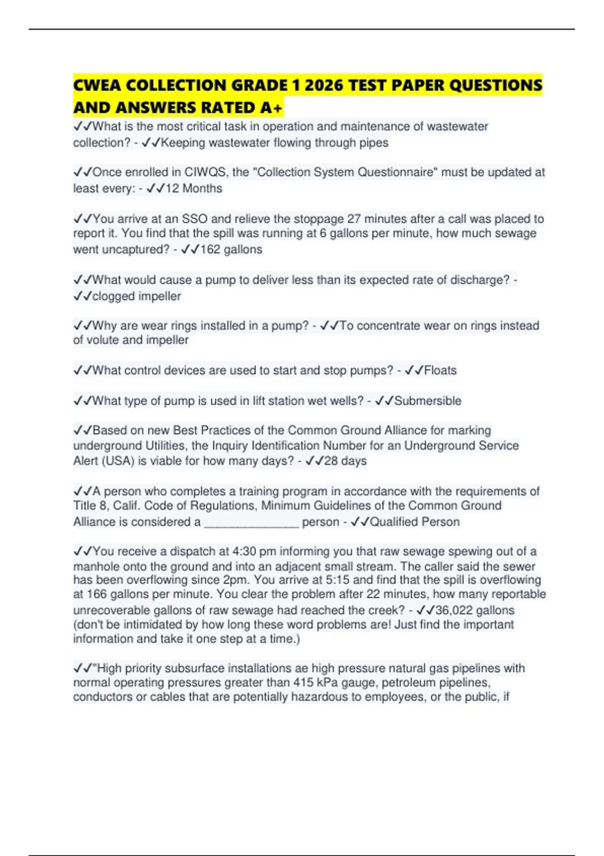 CWEA COLLECTION GRADE 1 2026 TEST PAPER QUESTIONS AND ANSWERS RATED A+ ...