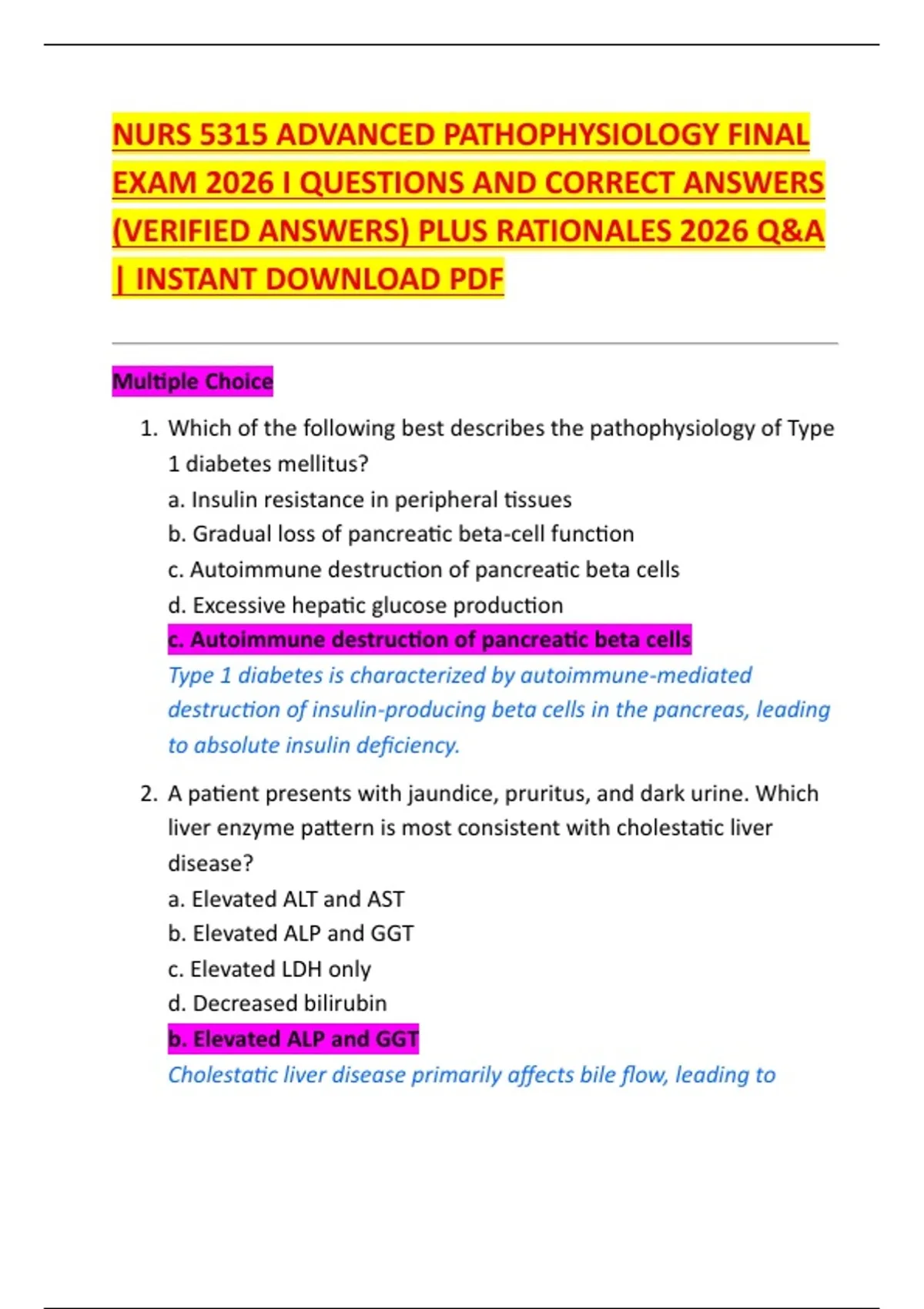 NURS 5315 ADVANCED PATHOPHYSIOLOGY FINAL EXAM 2026 I QUESTIONS AND ...