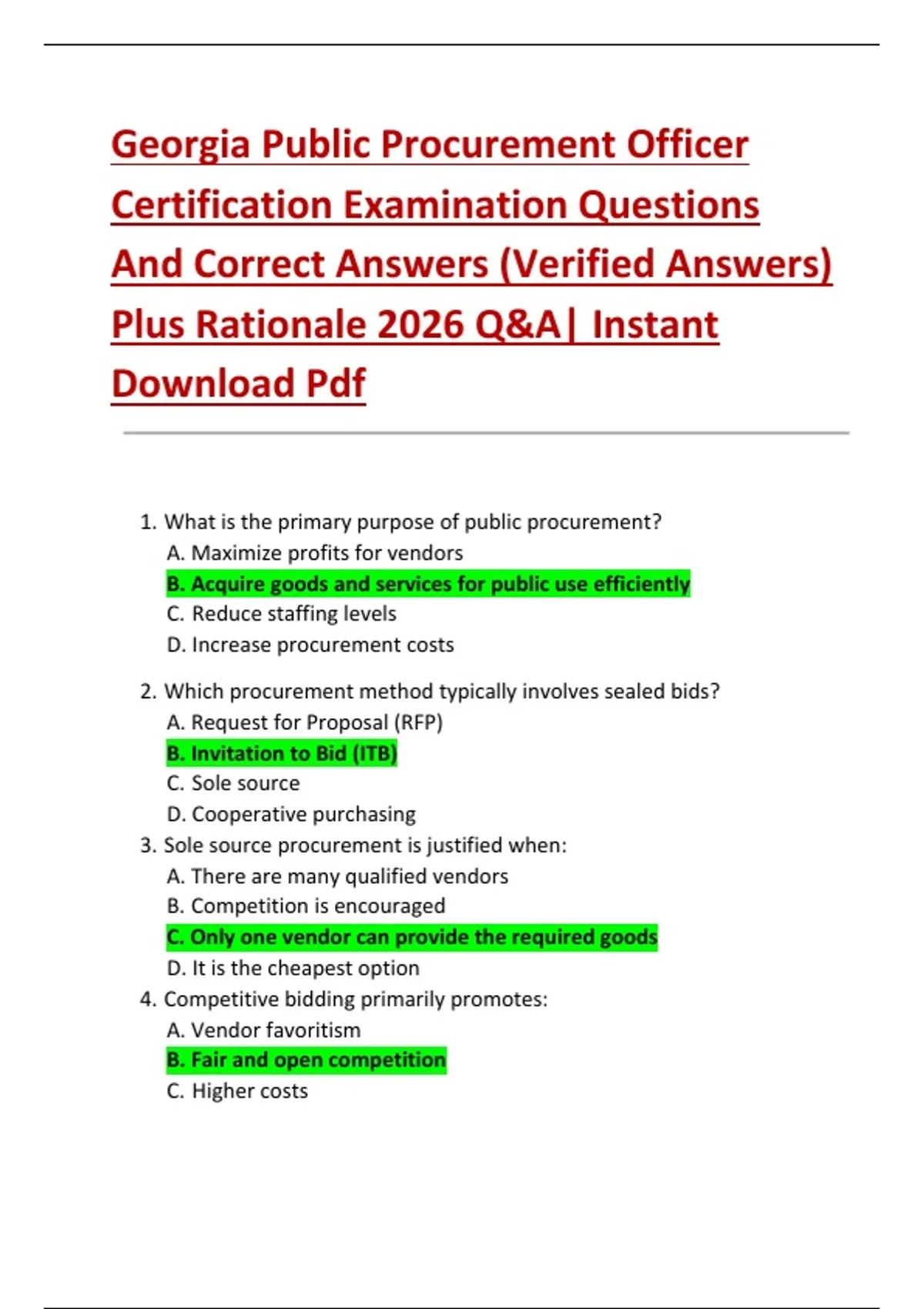 Georgia Public Procurement Officer Certification Examination Questions ...