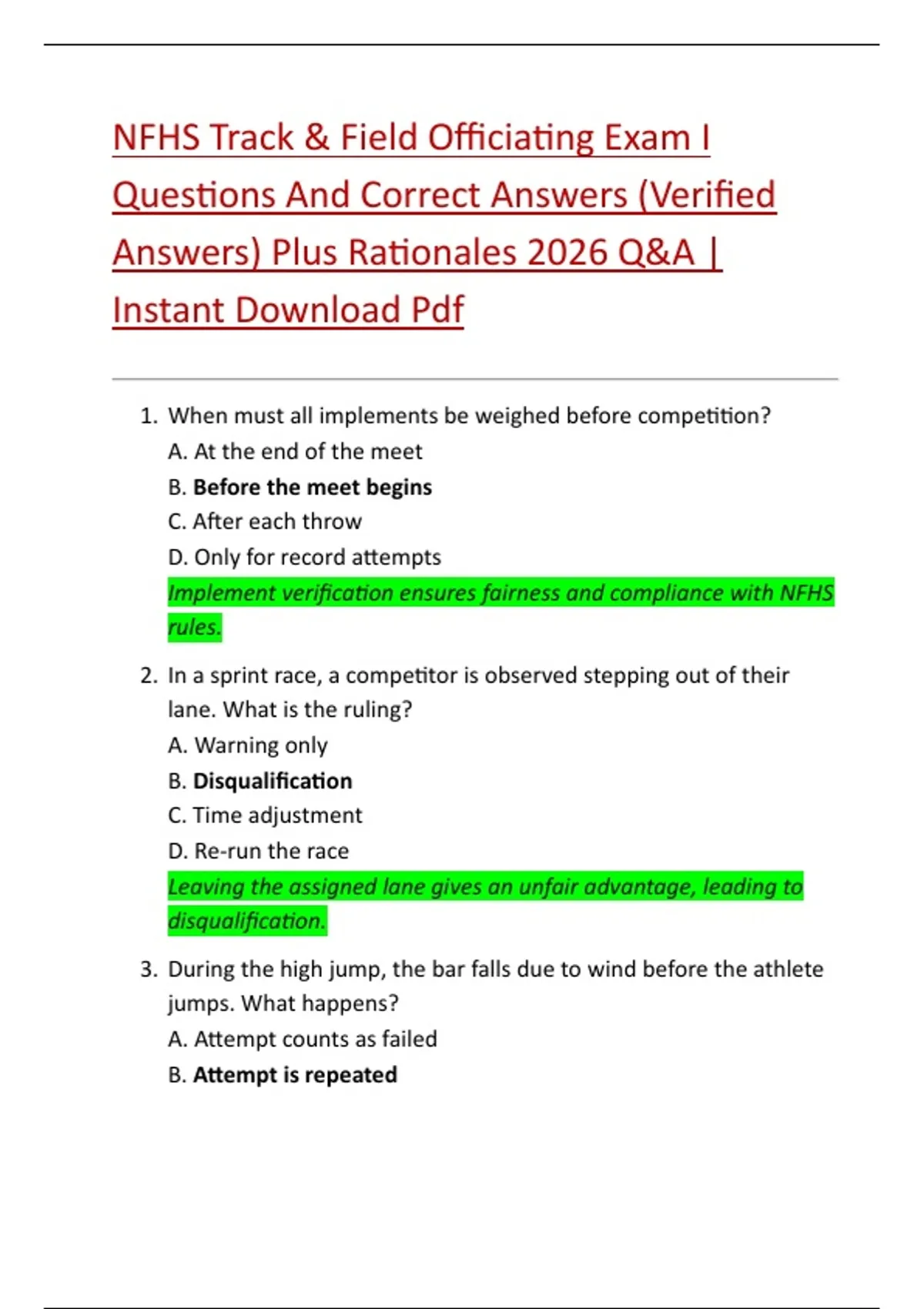NFHS Track & Field Officiating Exam I Questions And Correct Answers ...