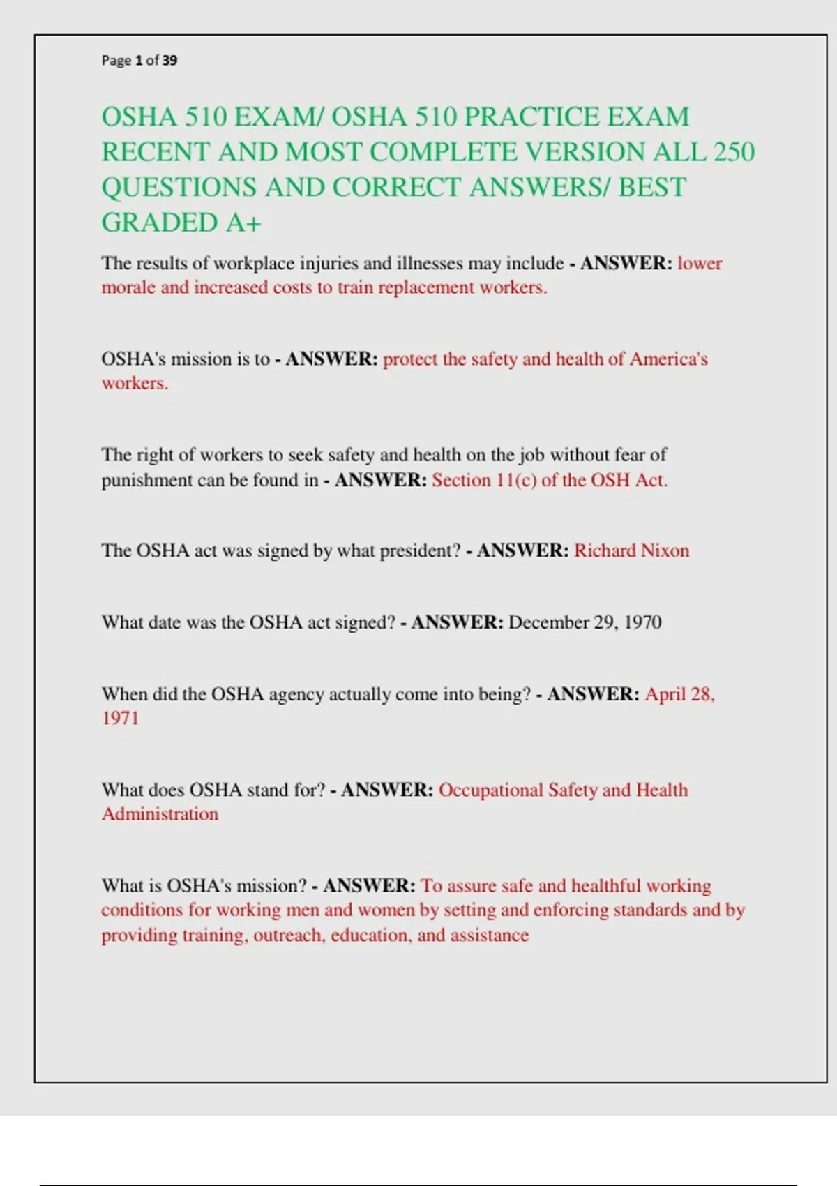 Practice Osh OSHA 510 EXAM/ OSHA 510 PRACTICE EXAM RECENT AND MOST COMPLETE VERSION ...