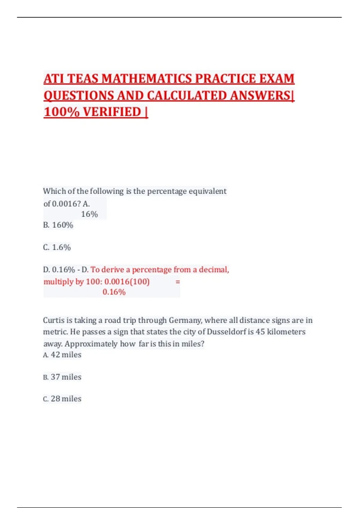ATI TEAS MATHEMATICS PRACTICE EXAM QUESTIONS AND CALCULATED ANSWERS ...