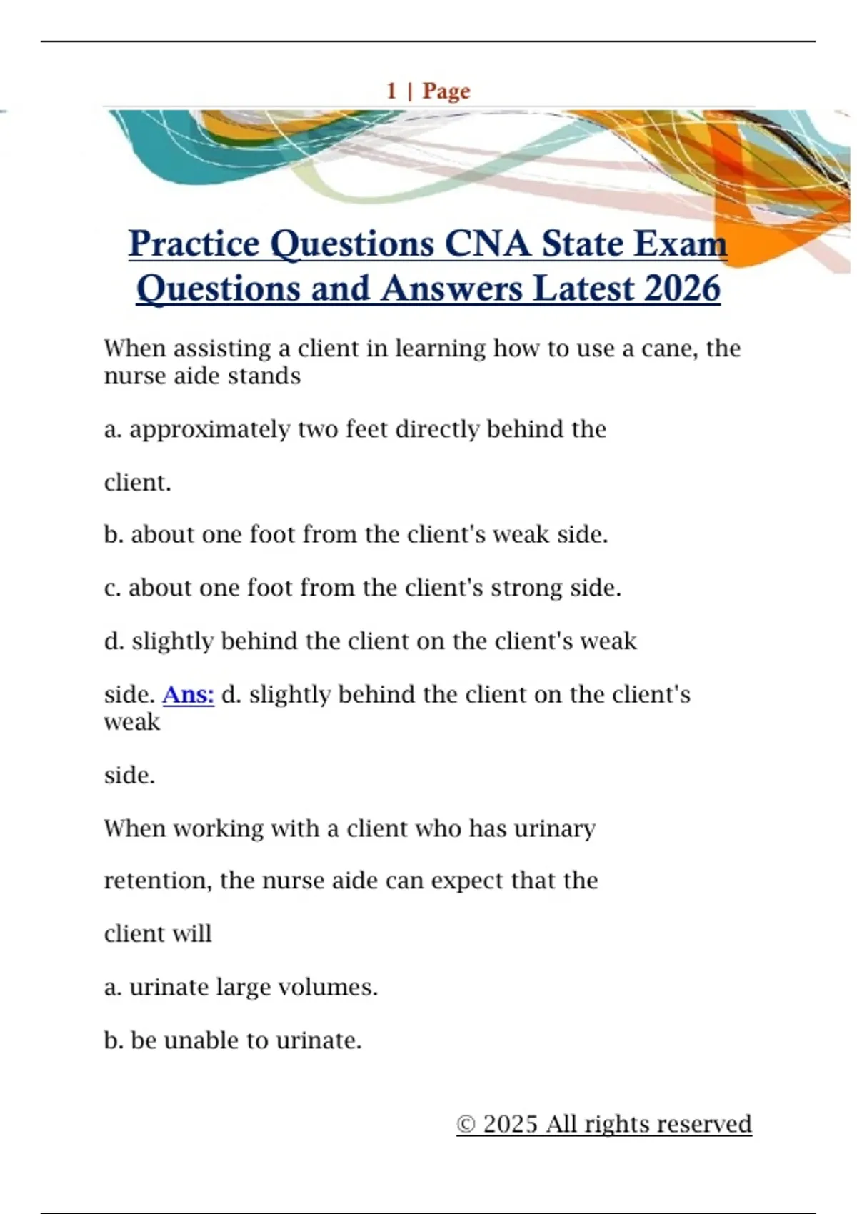 Practice Questions CNA State Exam Questions and Answers Latest 2026 ...